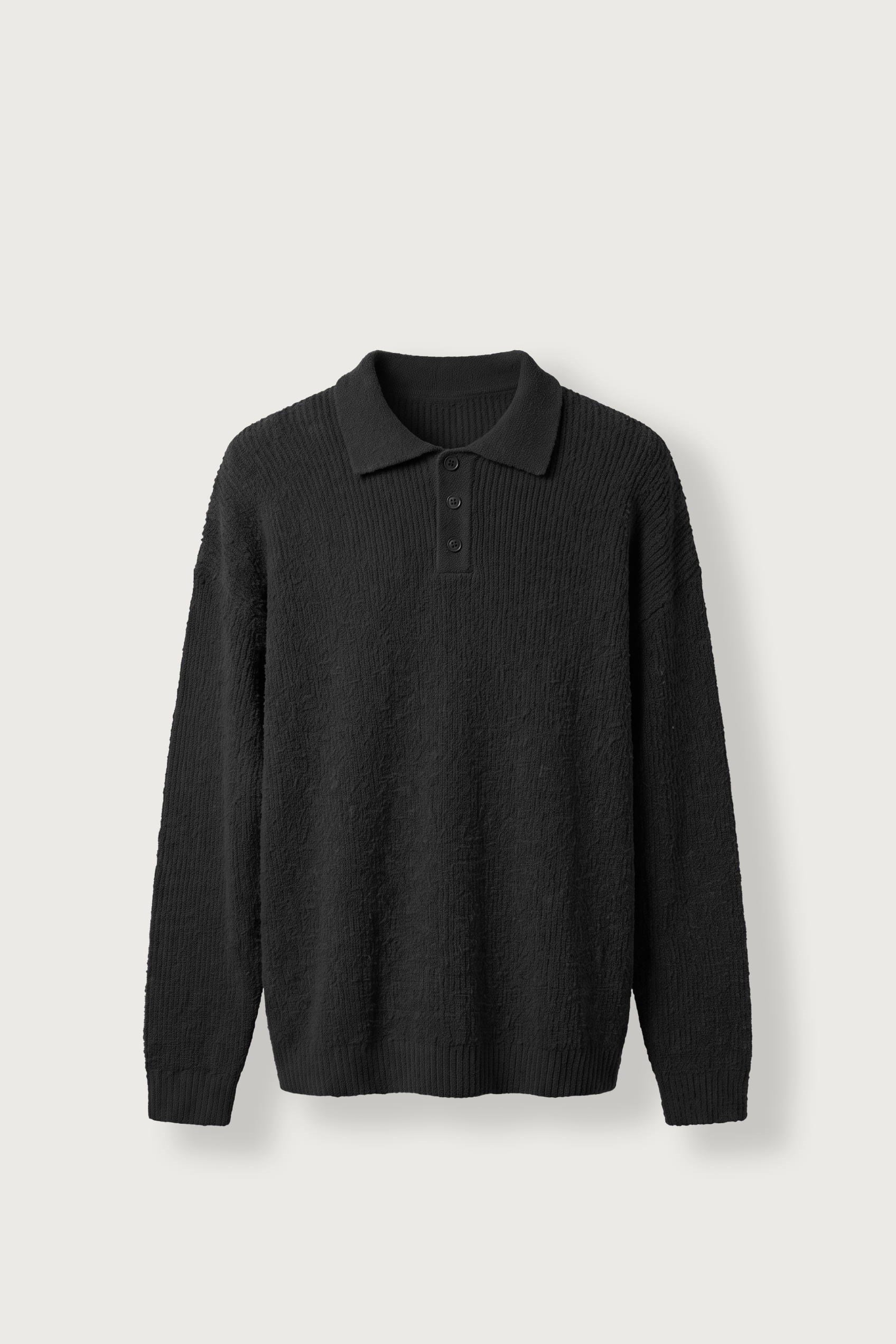 Erkek Oversize Polo Yaka Düğmeli Fitilli Triko Kazak Siyah