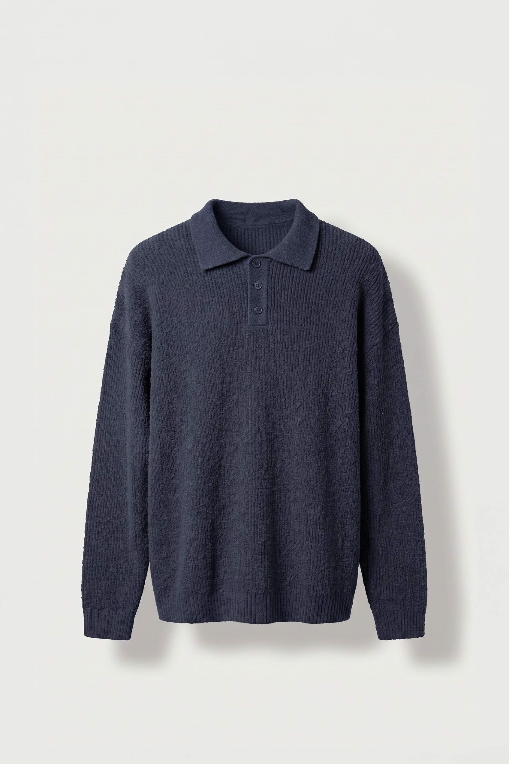 Erkek Oversize Polo Yaka Düğmeli Fitilli Triko Kazak Lacivert