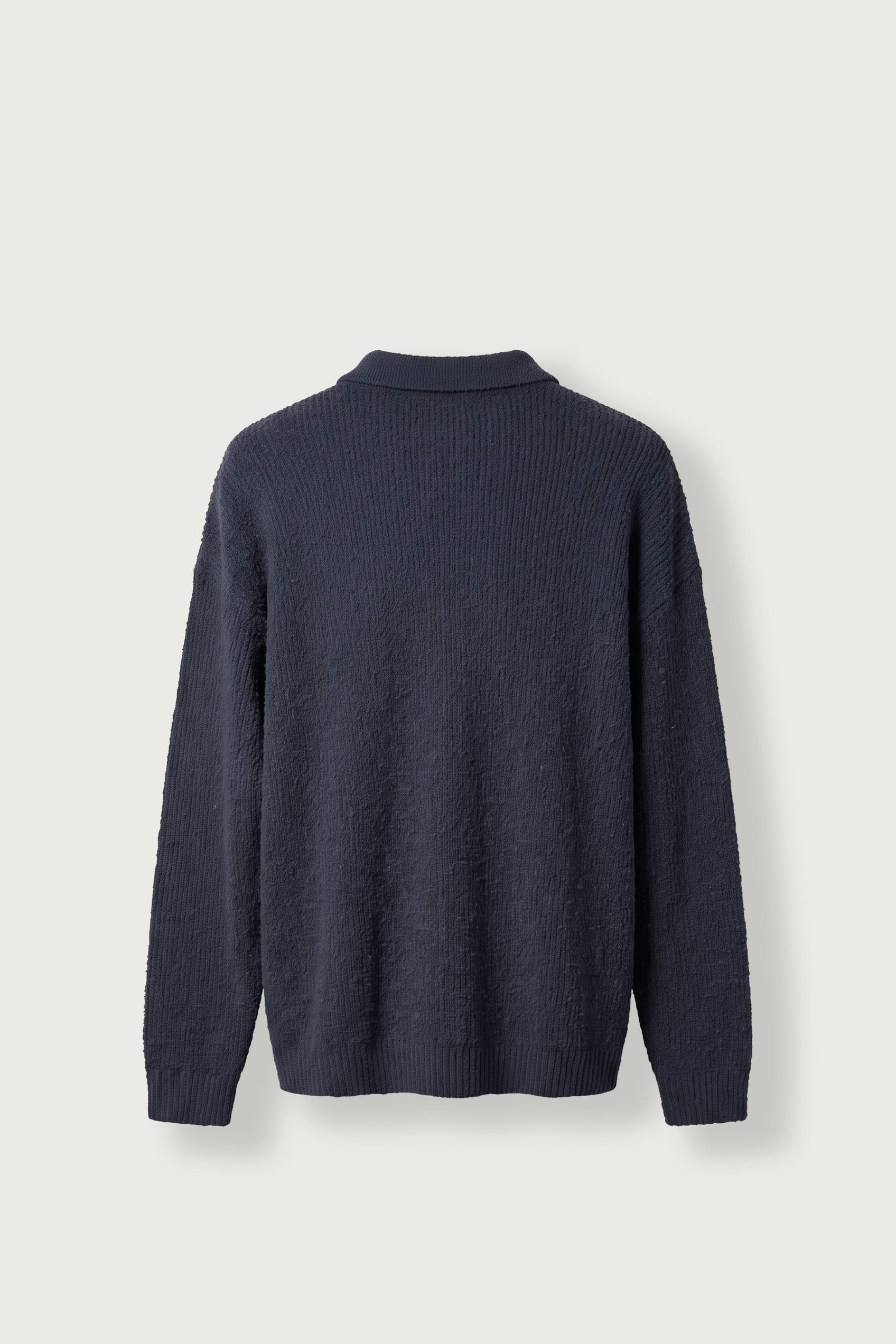 Erkek Oversize Polo Yaka Düğmeli Fitilli Triko Kazak Lacivert