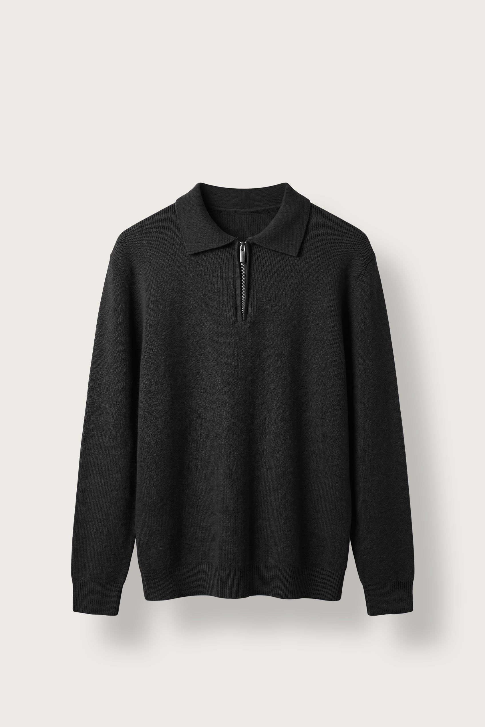 Erkek Oversize Polo Yaka Fermuarlı Triko Kazak Siyah