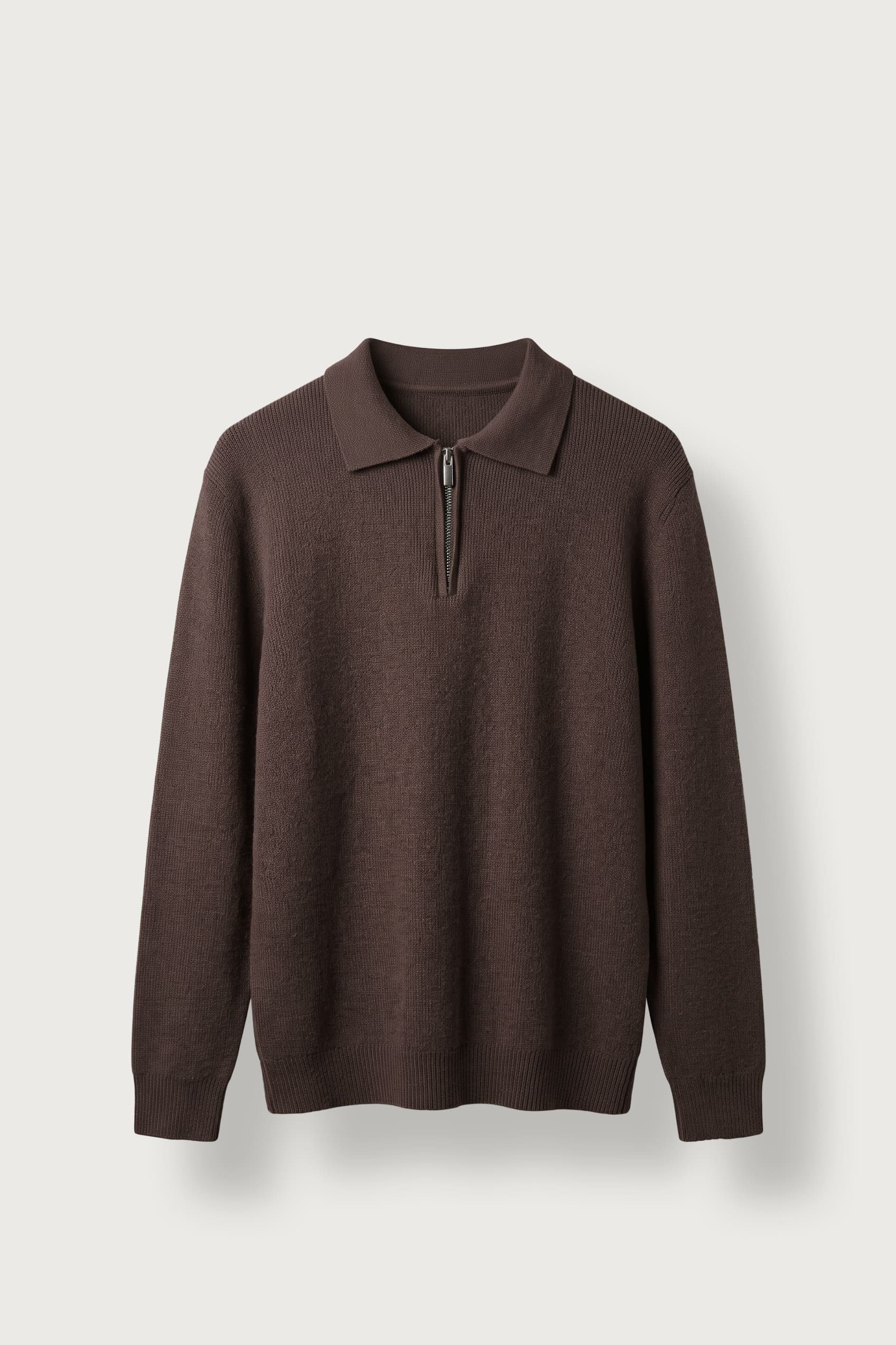 Erkek Oversize Polo Yaka Fermuarlı Triko Kazak Kahverengi