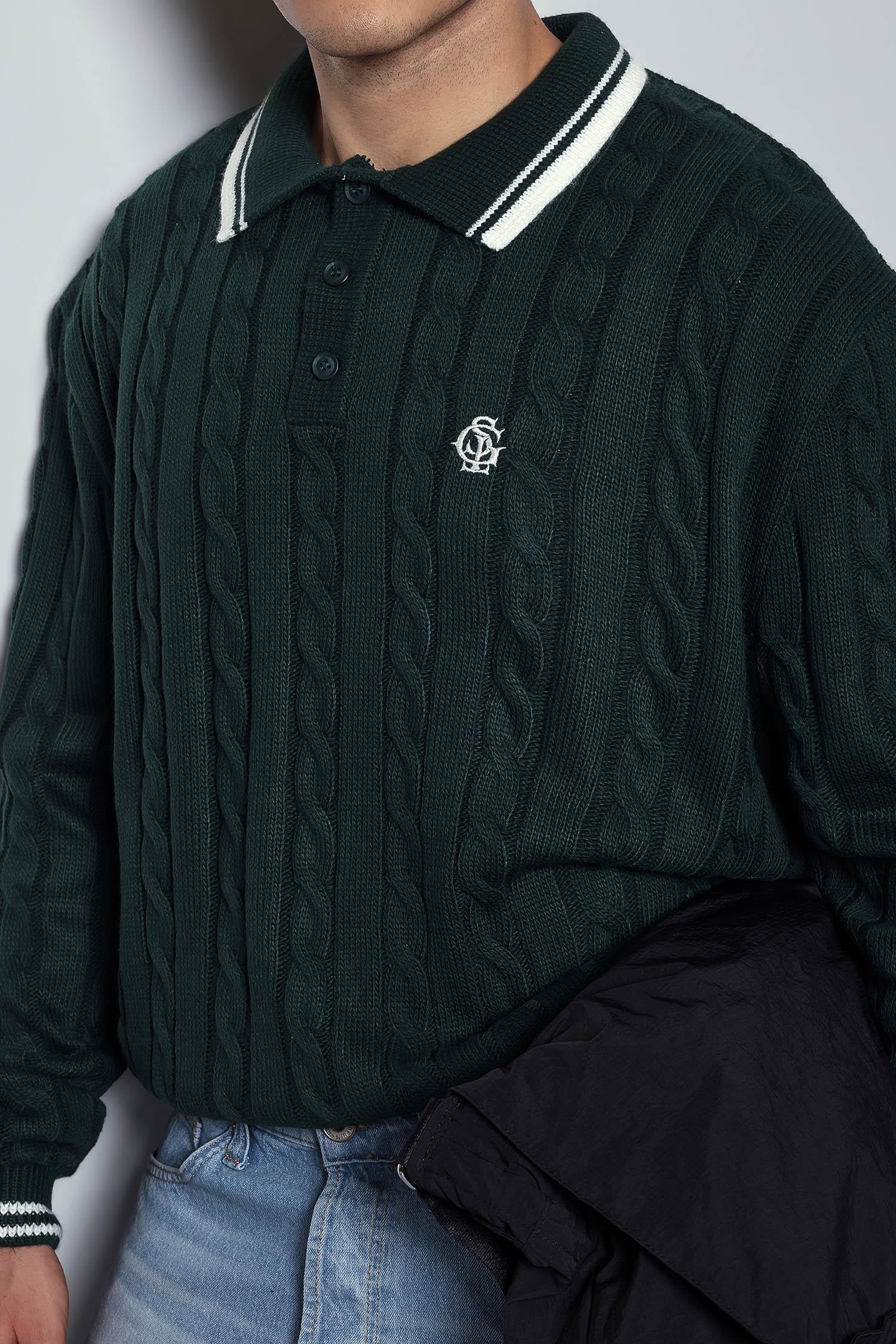 Erkek Oversize Polo Yaka Örgü Desenli Triko Kazak Yeşil