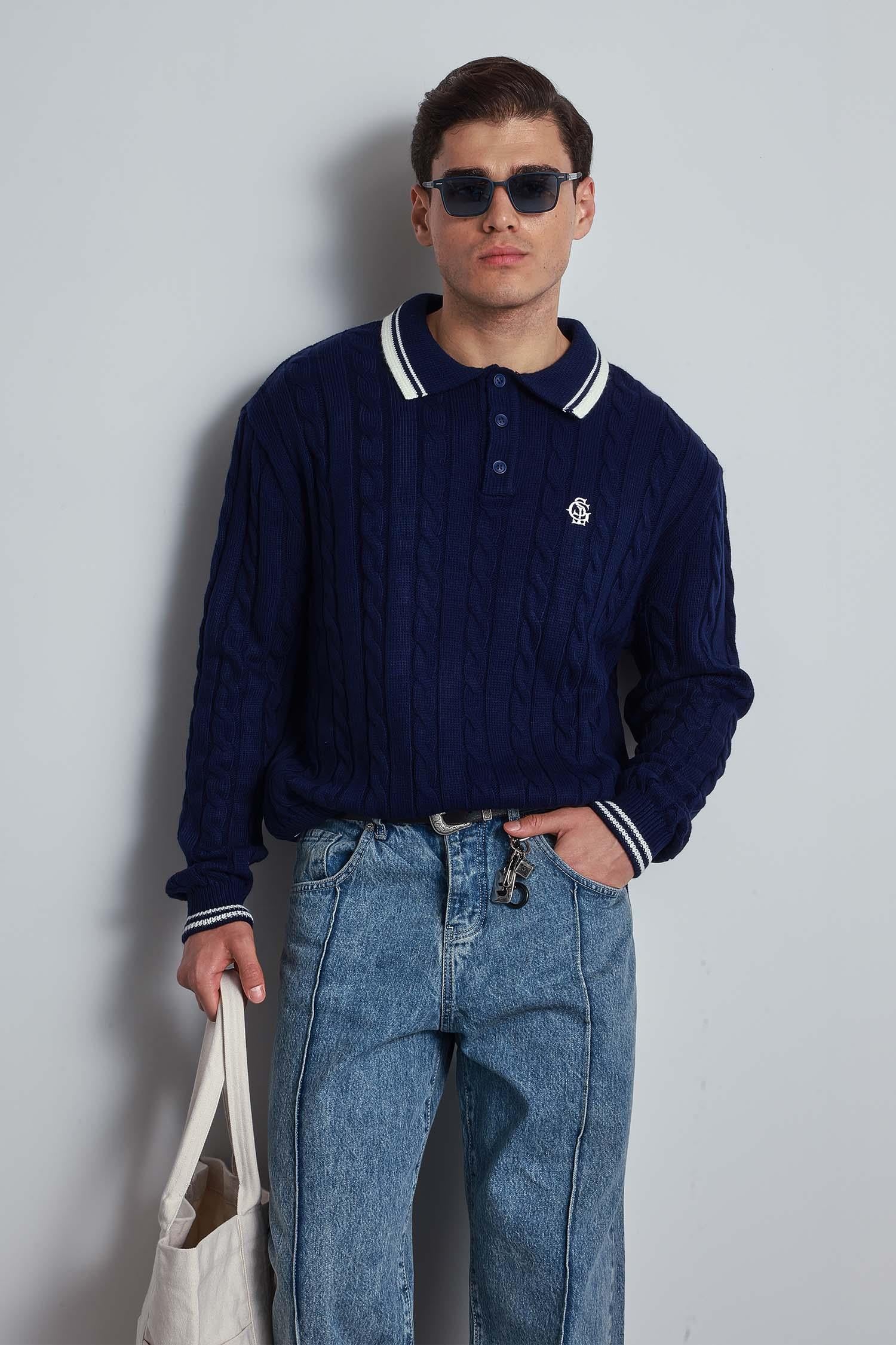 Erkek Oversize Polo Yaka Örgü Desenli Triko Kazak Lacivert