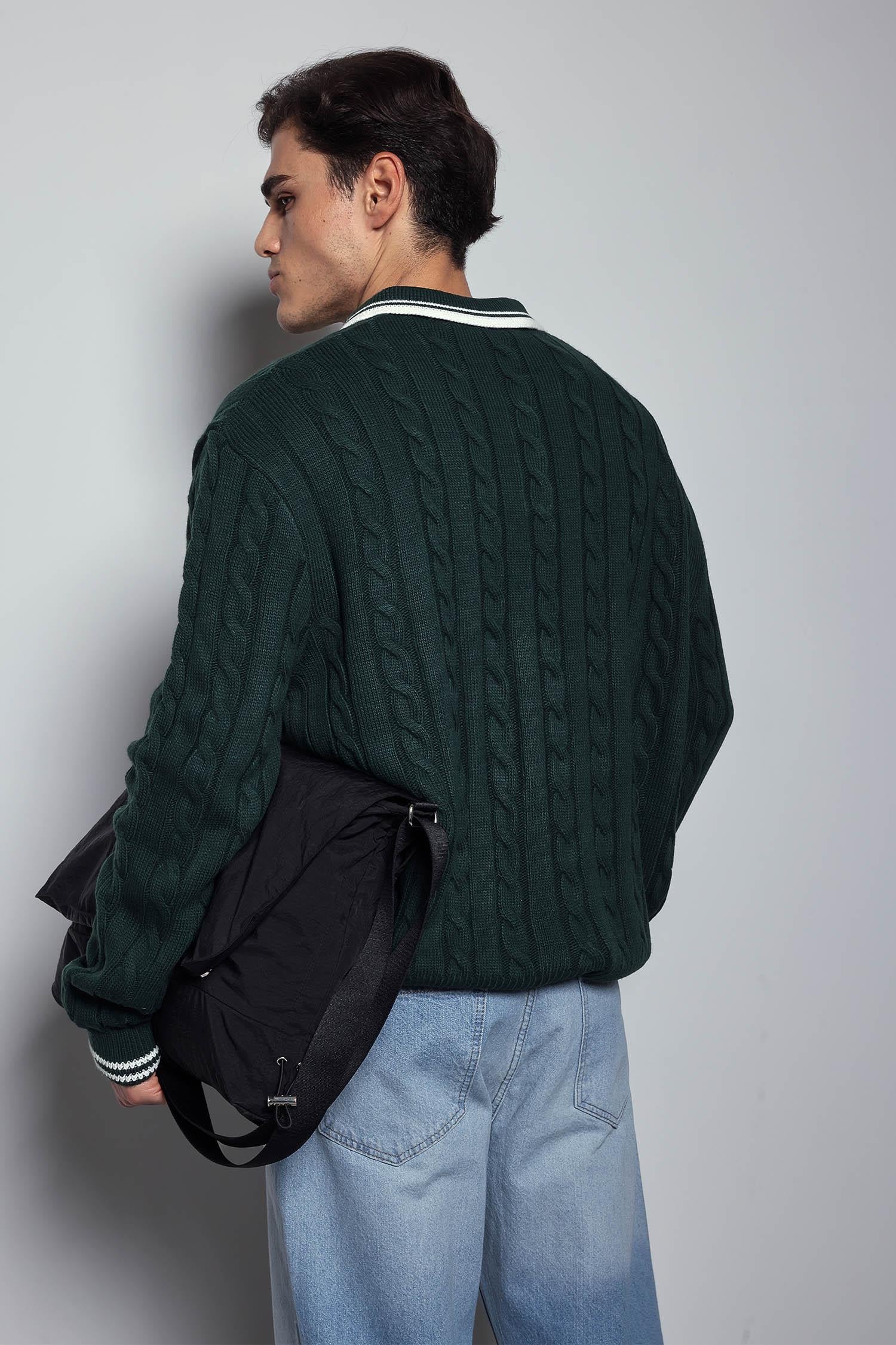 Erkek Oversize Polo Yaka Örgü Desenli Triko Kazak Yeşil