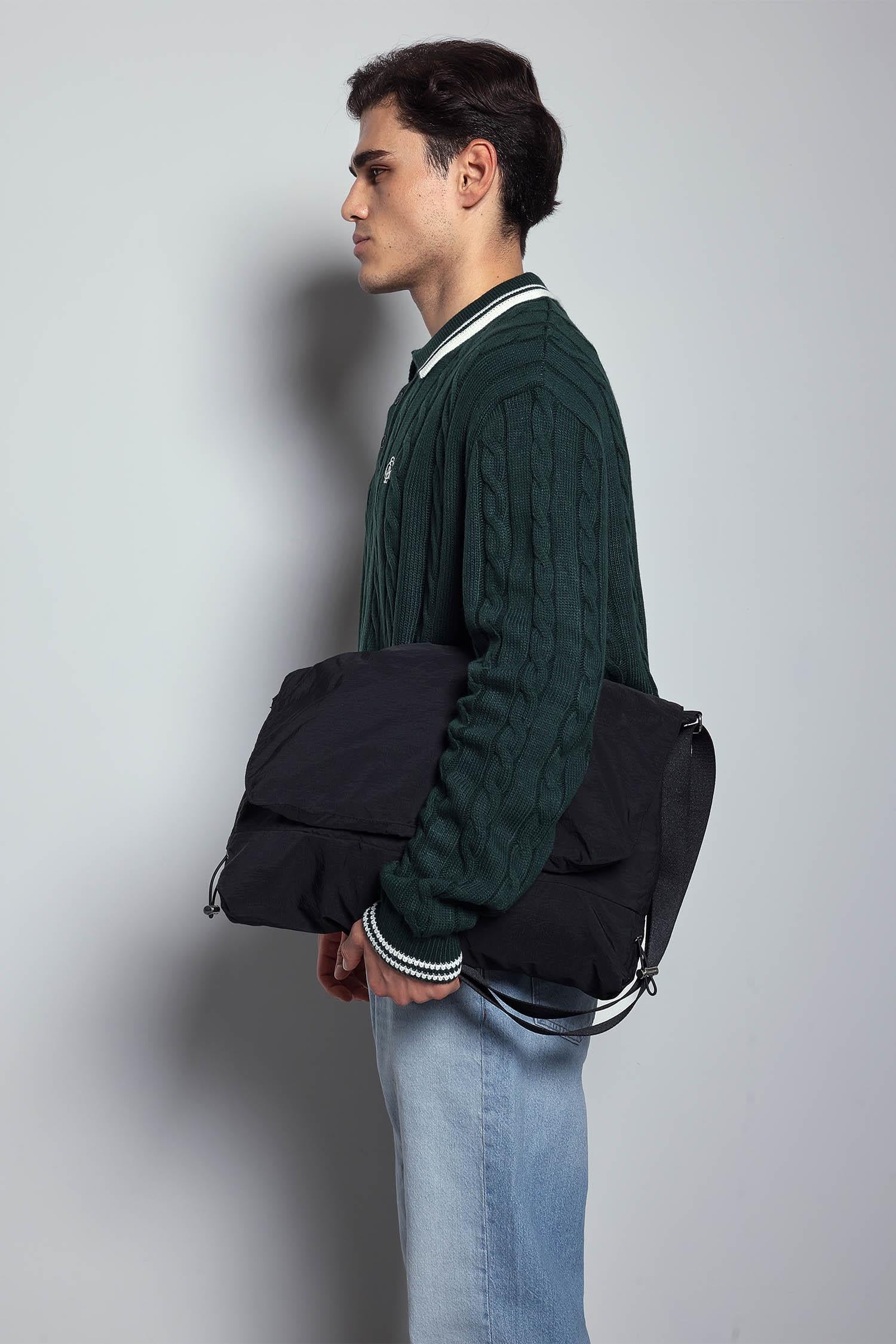 Erkek Oversize Polo Yaka Örgü Desenli Triko Kazak Yeşil