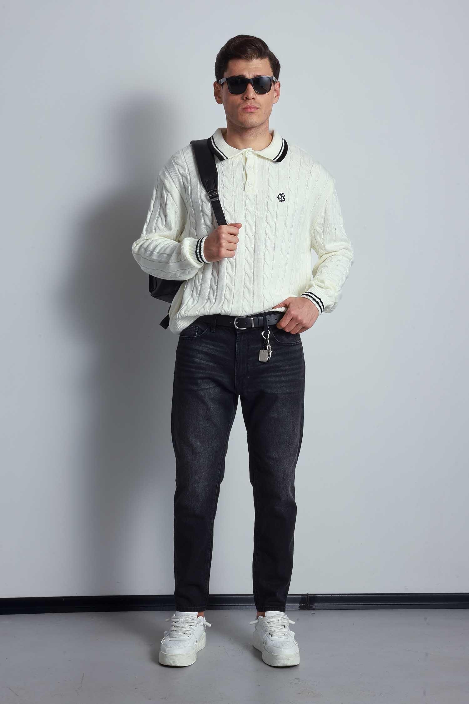 Erkek Oversize Polo Yaka Örgü Desenli Triko Kazak Ekru