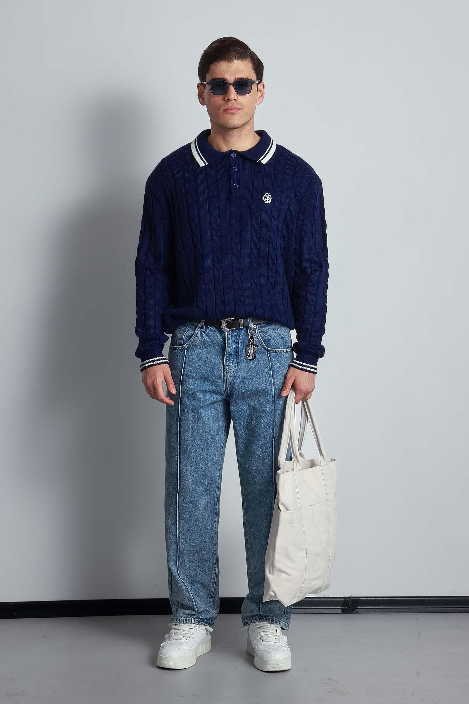 Erkek Oversize Polo Yaka Örgü Desenli Triko Kazak Lacivert