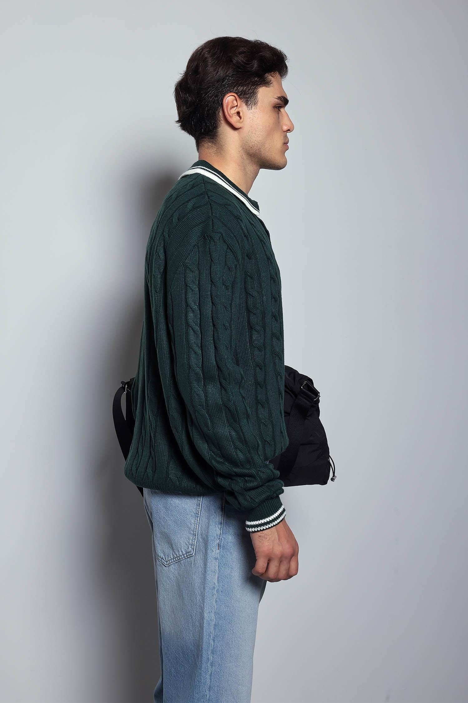 Erkek Oversize Polo Yaka Örgü Desenli Triko Kazak Yeşil