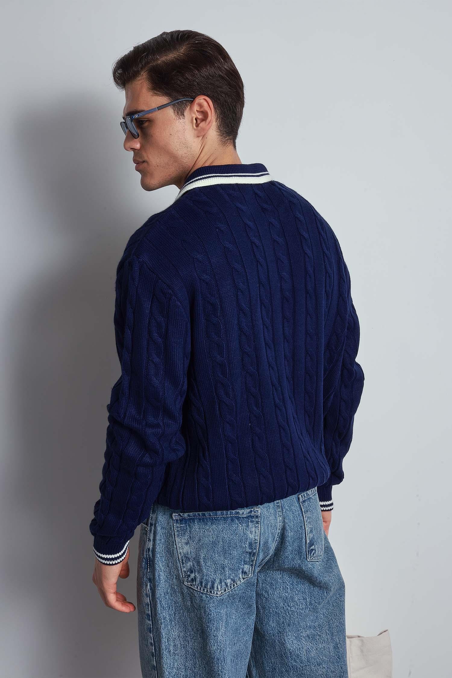 Erkek Oversize Polo Yaka Örgü Desenli Triko Kazak Lacivert