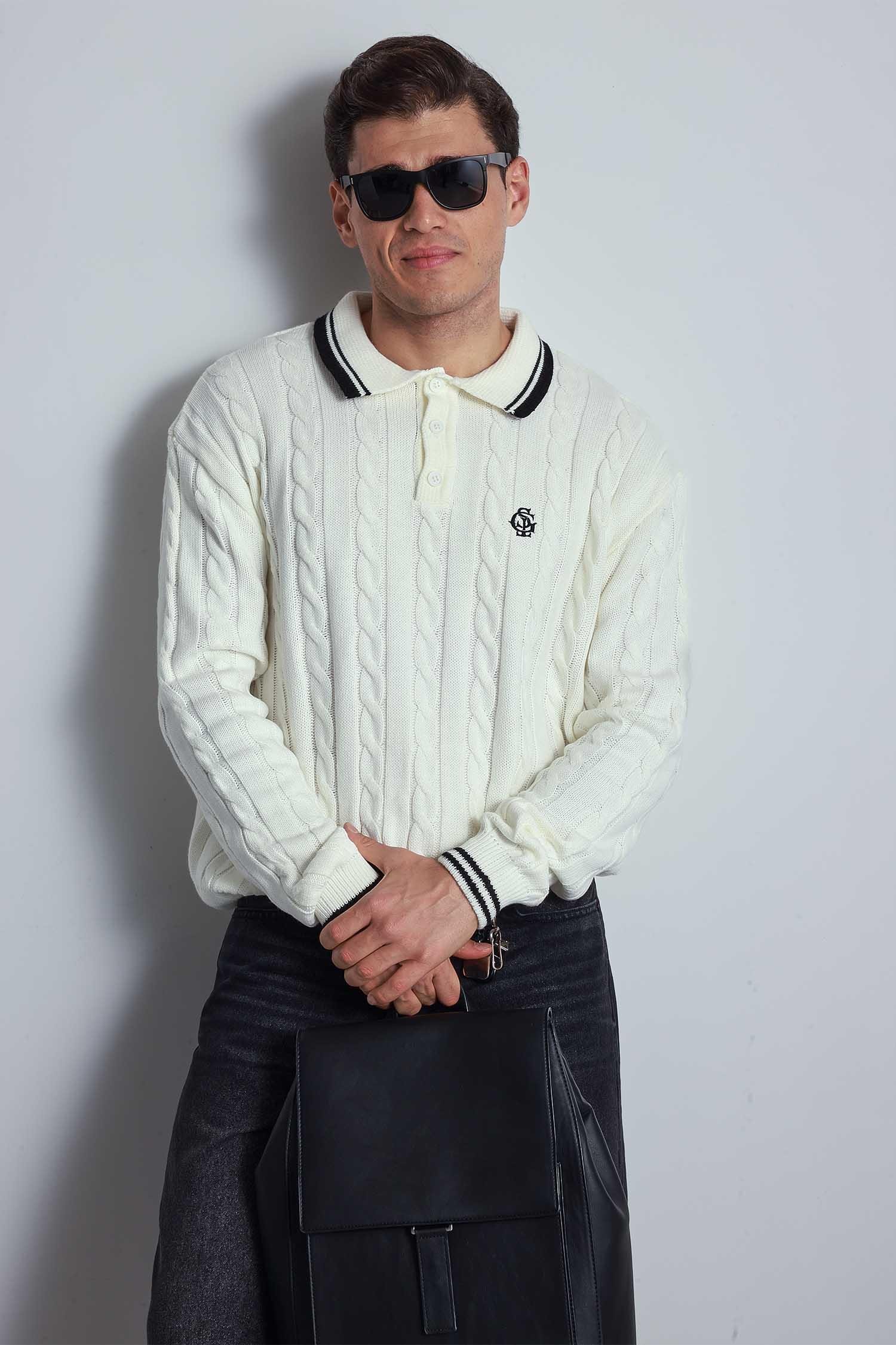 Erkek Oversize Polo Yaka Örgü Desenli Triko Kazak Ekru