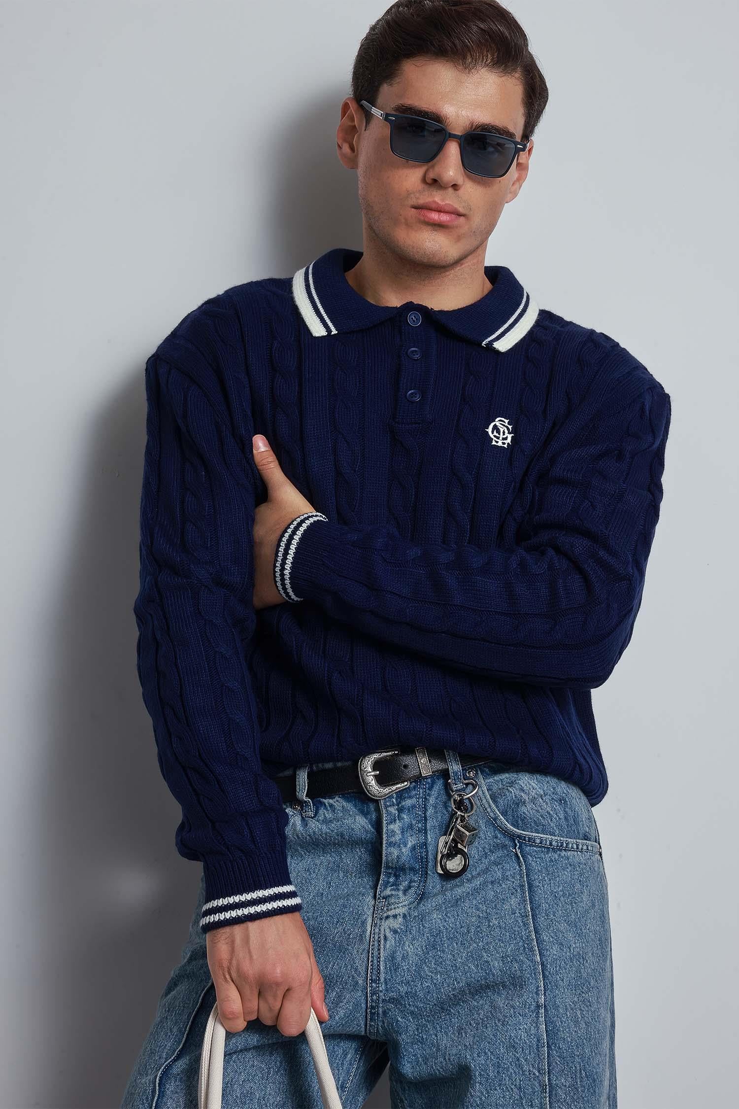 Erkek Oversize Polo Yaka Örgü Desenli Triko Kazak Lacivert