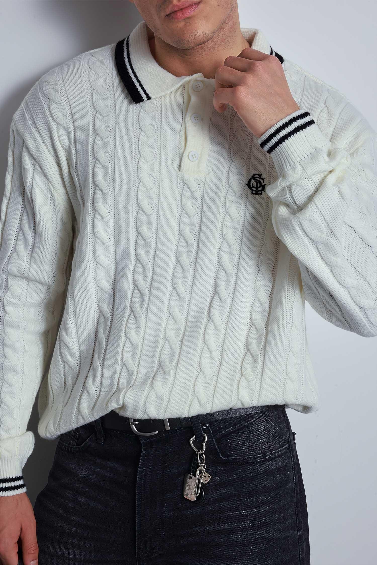 Erkek Oversize Polo Yaka Örgü Desenli Triko Kazak Ekru