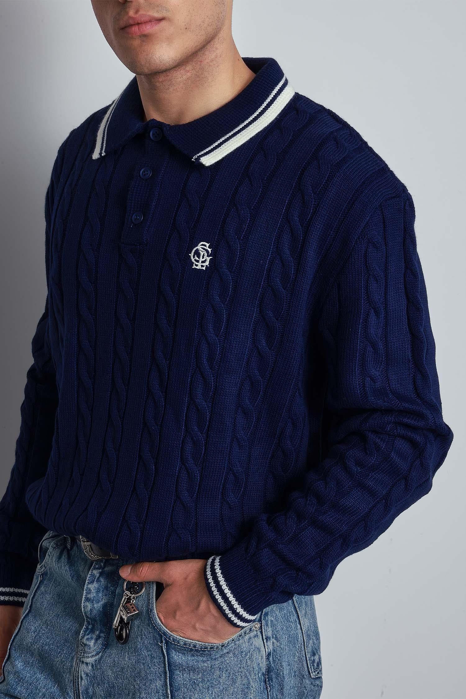 Erkek Oversize Polo Yaka Örgü Desenli Triko Kazak Lacivert