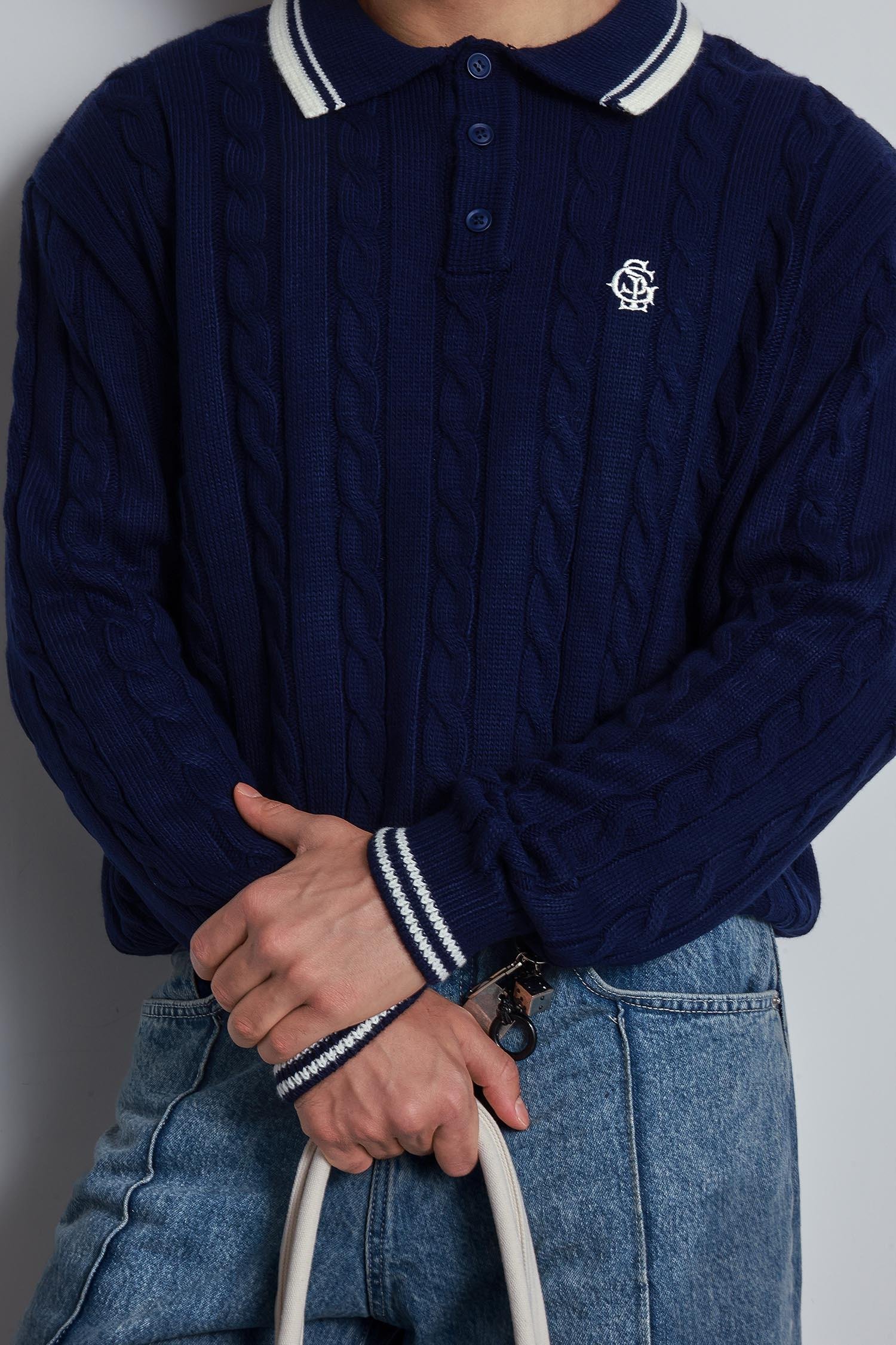 Erkek Oversize Polo Yaka Örgü Desenli Triko Kazak Lacivert