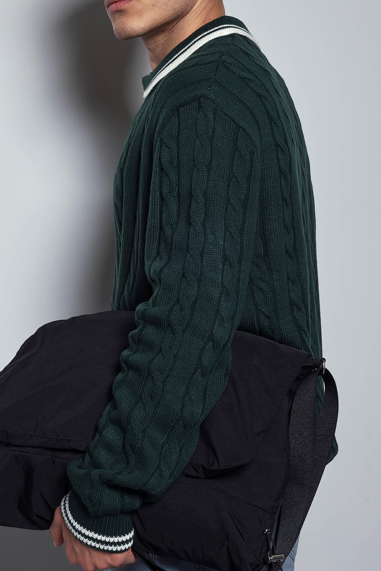 Erkek Oversize Polo Yaka Örgü Desenli Triko Kazak Yeşil