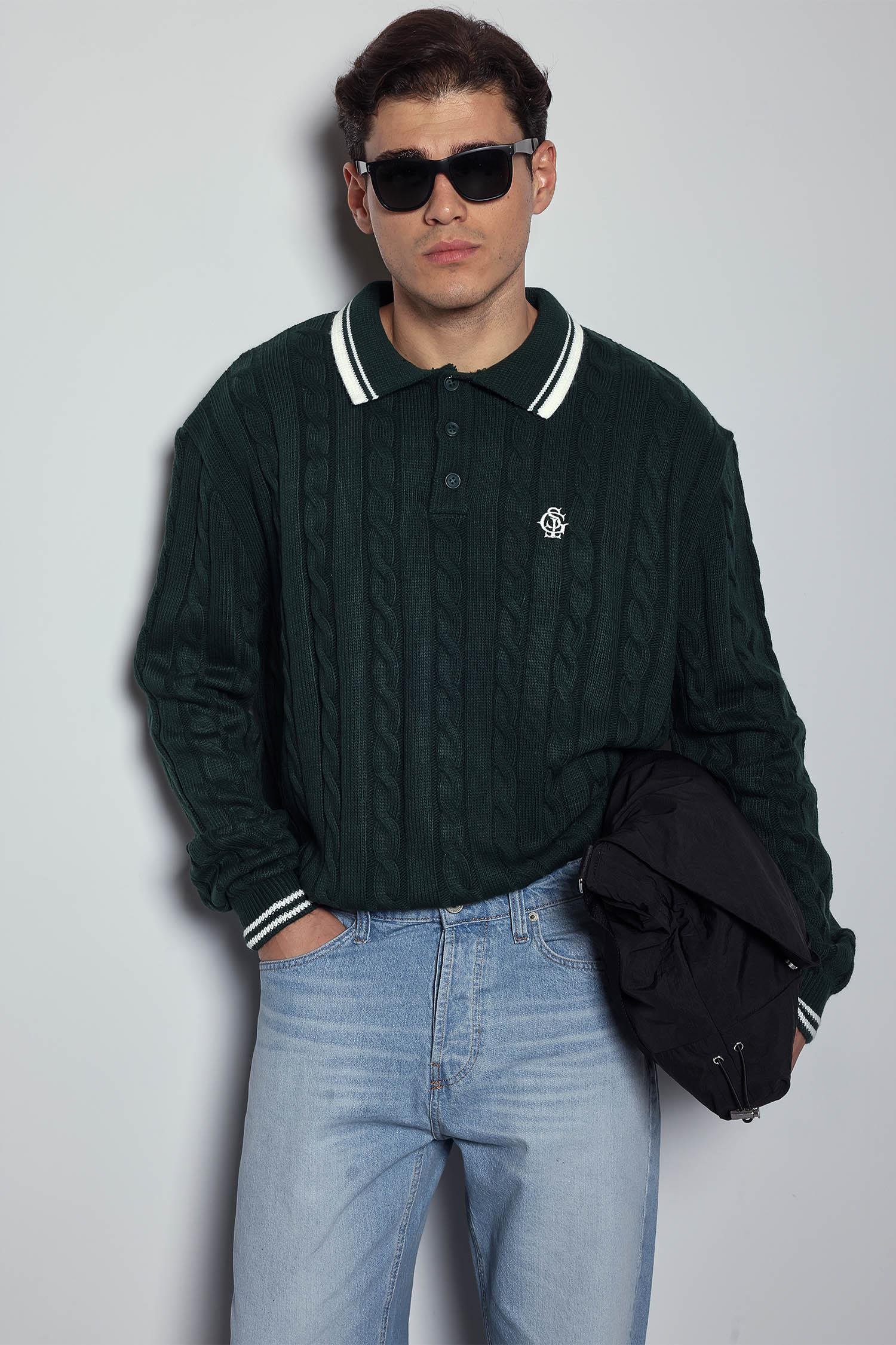 Erkek Oversize Polo Yaka Örgü Desenli Triko Kazak Yeşil