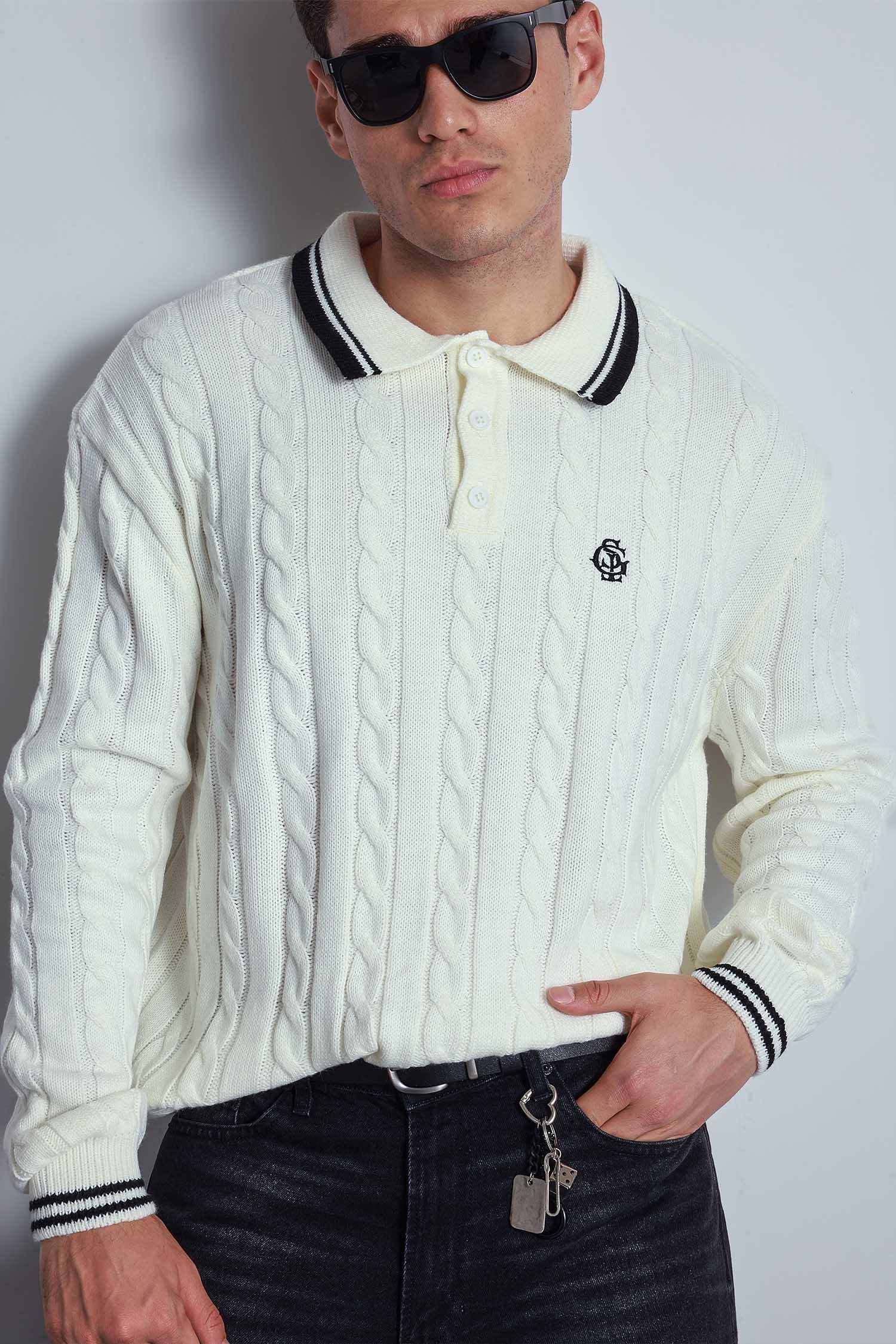 Erkek Oversize Polo Yaka Örgü Desenli Triko Kazak Ekru