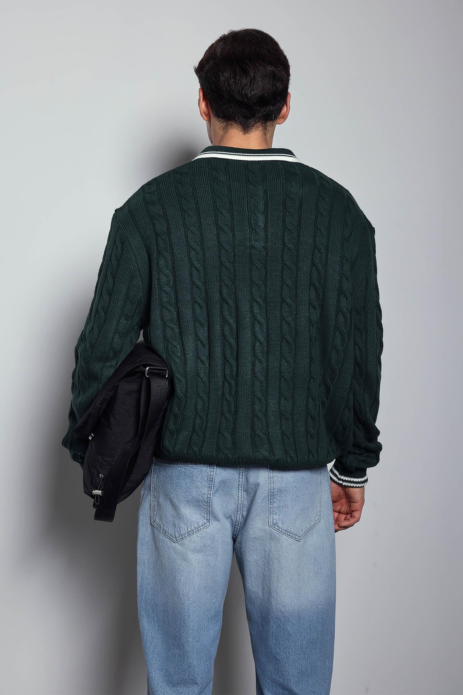 Erkek Oversize Polo Yaka Örgü Desenli Triko Kazak Yeşil