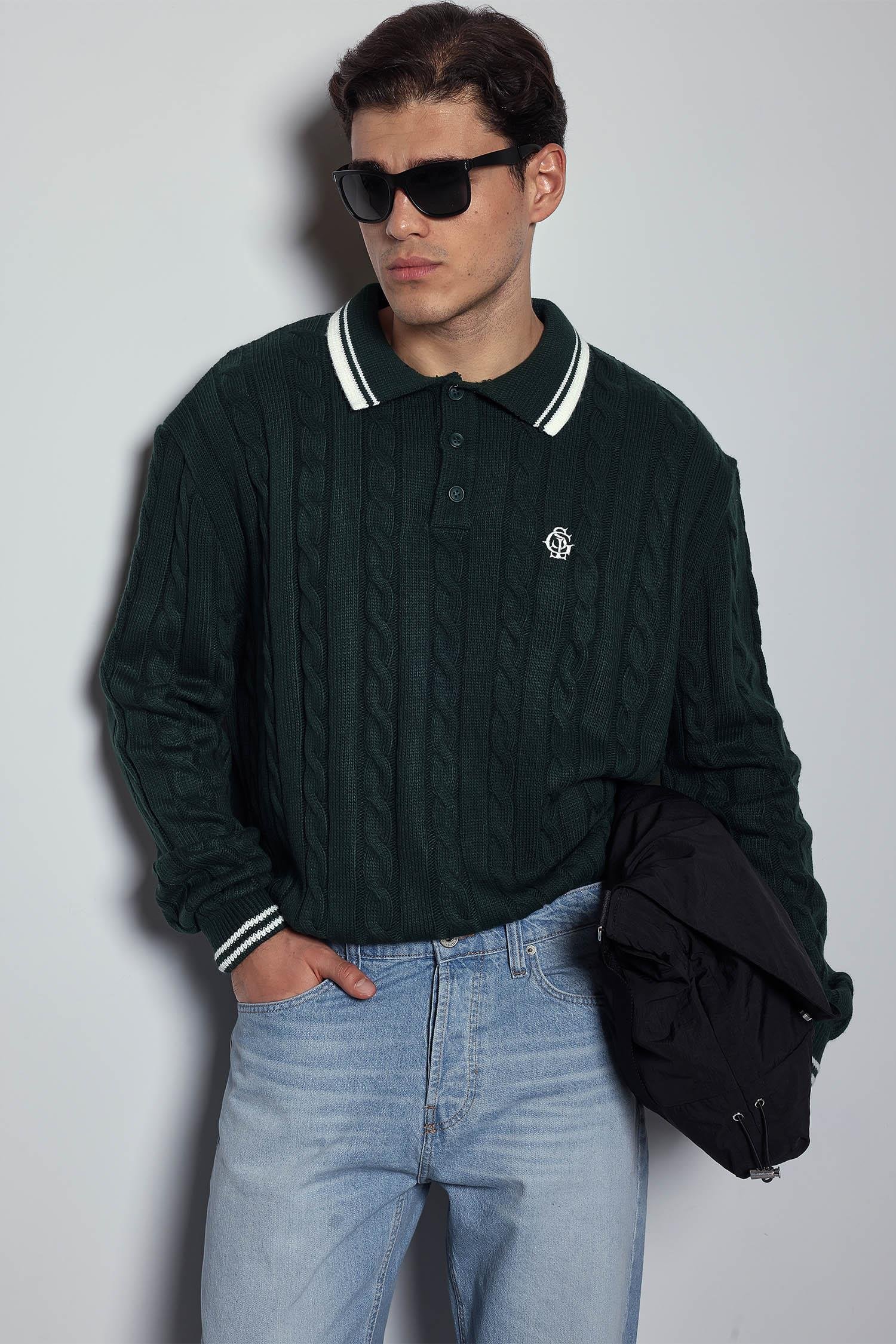 Erkek Oversize Polo Yaka Örgü Desenli Triko Kazak Yeşil