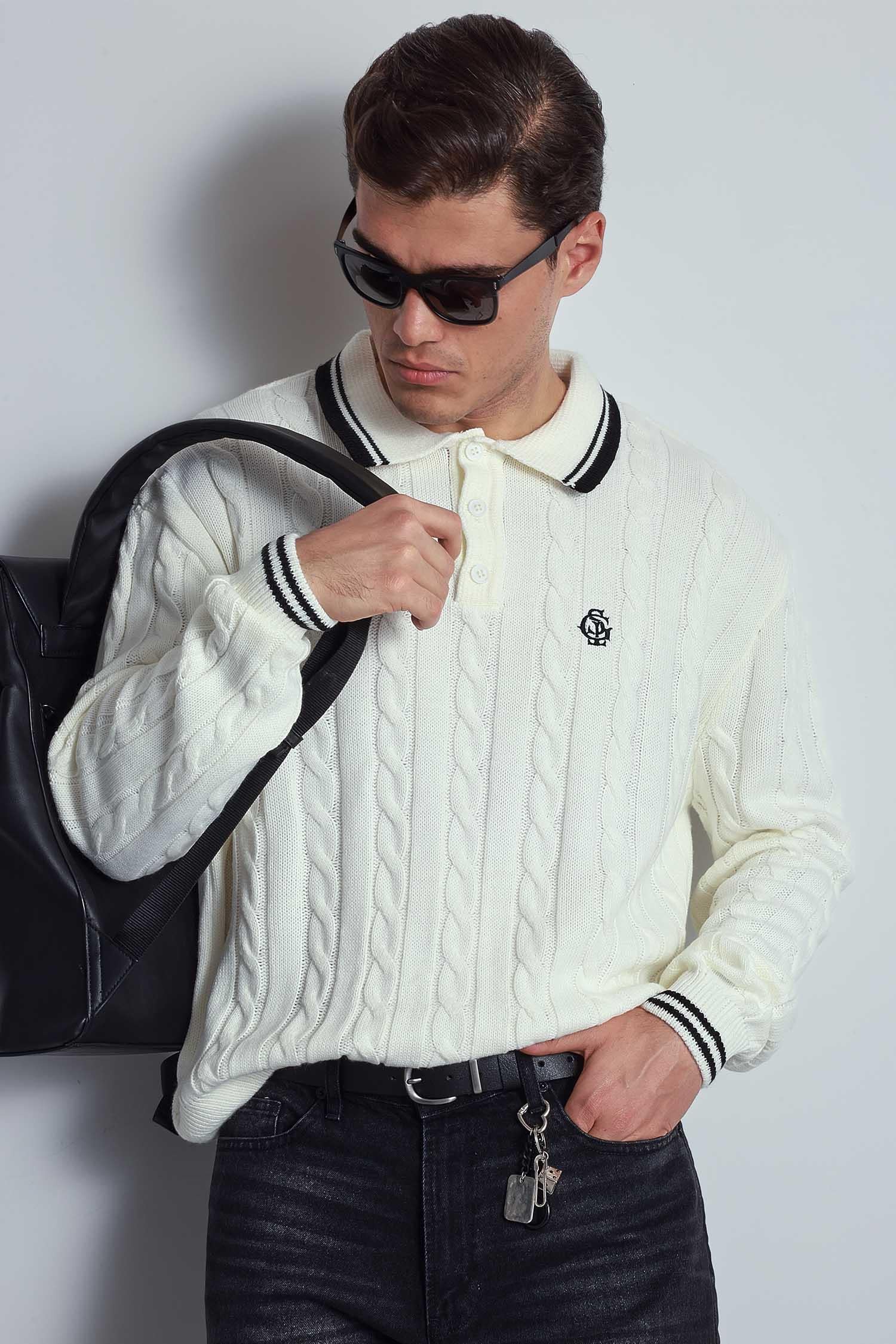 Erkek Oversize Polo Yaka Örgü Desenli Triko Kazak Ekru