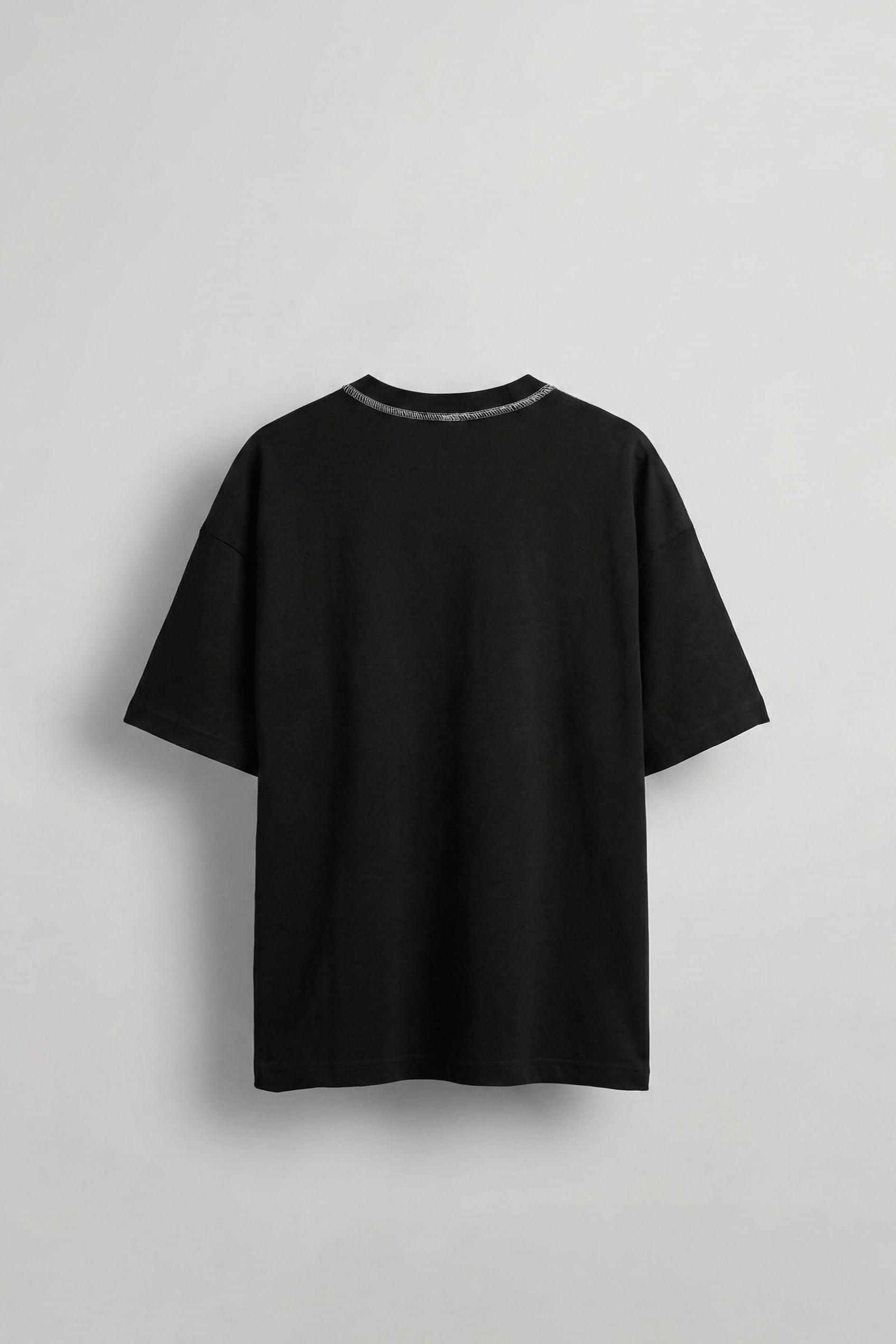 Erkek Oversize Premium Kontrast Yaka Baskılı T-Shirt Siyah