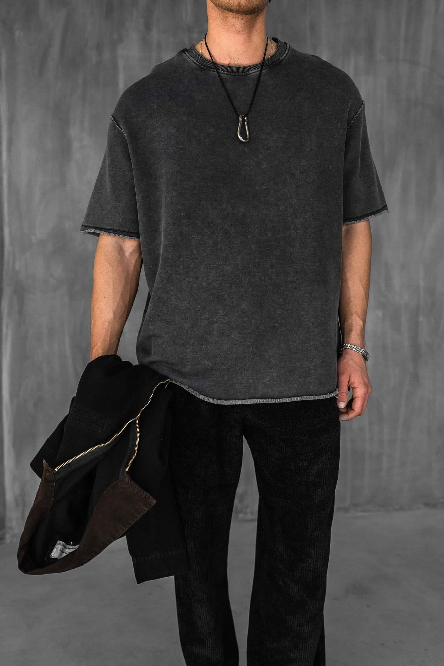 Erkek Oversize Rahat Kesim Yıkamalı T-Shirt Siyah