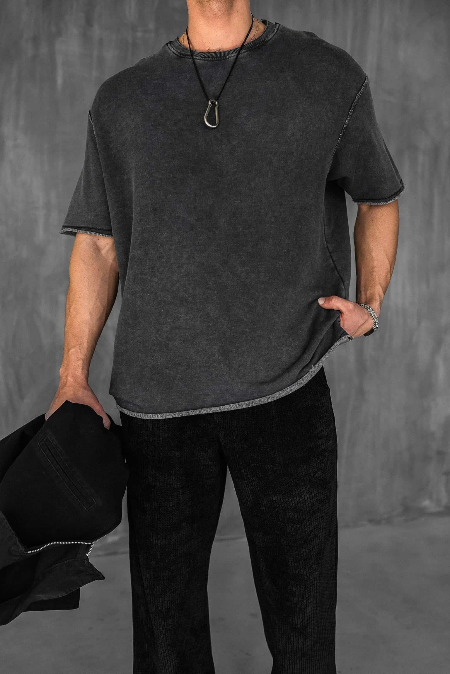 Erkek Oversize Rahat Kesim Yıkamalı T-Shirt Siyah