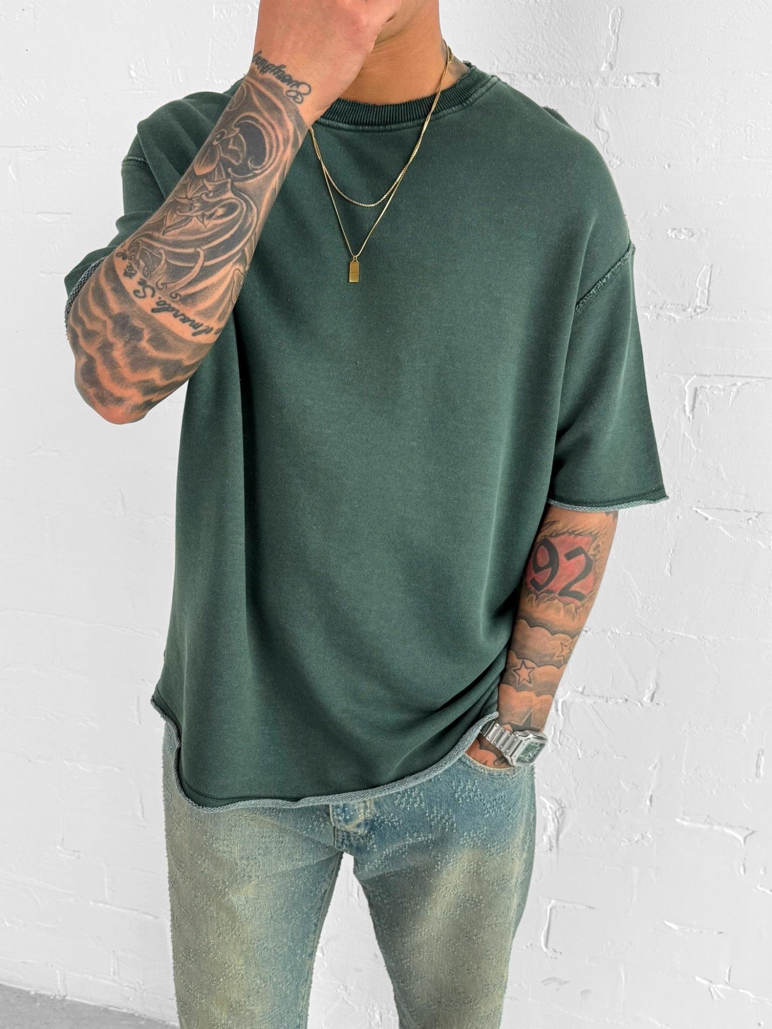 Erkek Oversize Rahat Kesim Yıkamalı T-Shirt Yeşil