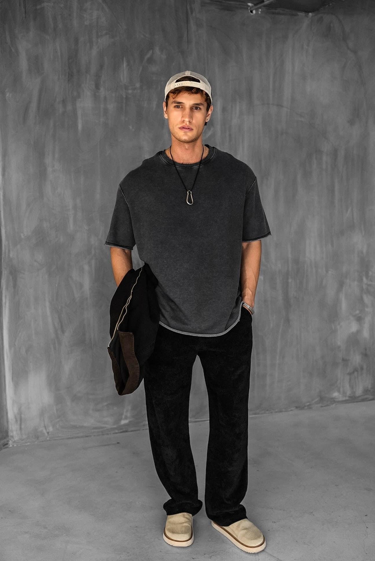 Erkek Oversize Rahat Kesim Yıkamalı T-Shirt Siyah