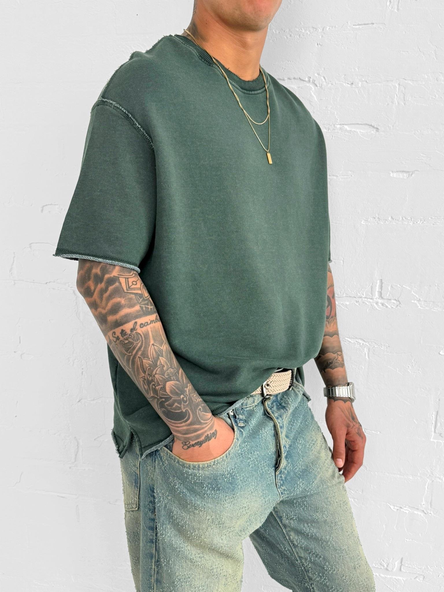 Erkek Oversize Rahat Kesim Yıkamalı T-Shirt Yeşil