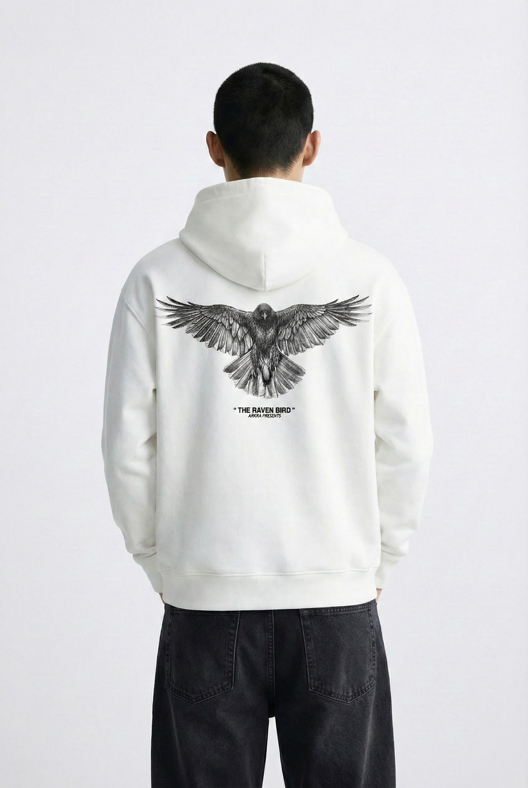 Erkek Oversize Raven Baskılı Premium Kapüşonlu Sweatshirt Ekru