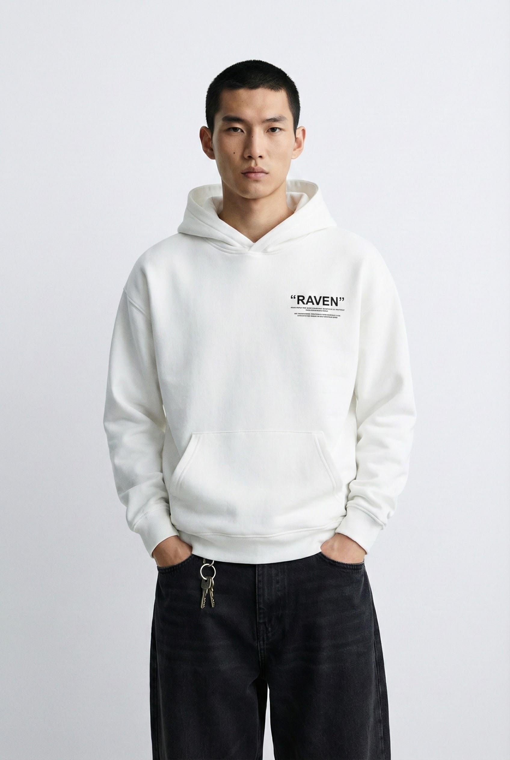 Erkek Oversize Raven Baskılı Premium Kapüşonlu Sweatshirt Ekru