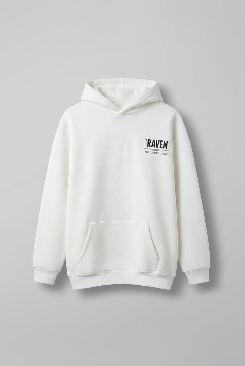 Erkek Oversize Raven Baskılı Premium Kapüşonlu Sweatshirt Ekru