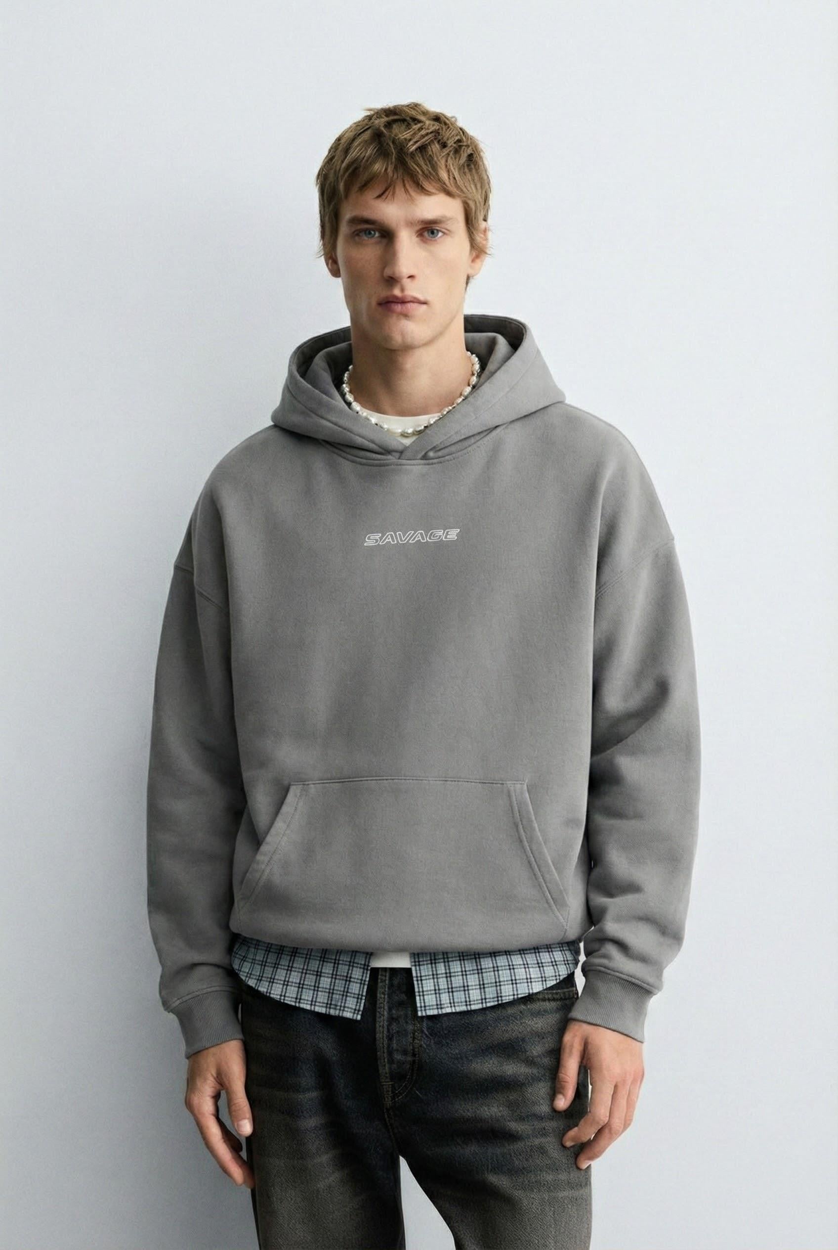 Erkek Oversize Savage Baskılı Premium Kapüşonlu Sweatshirt Gri