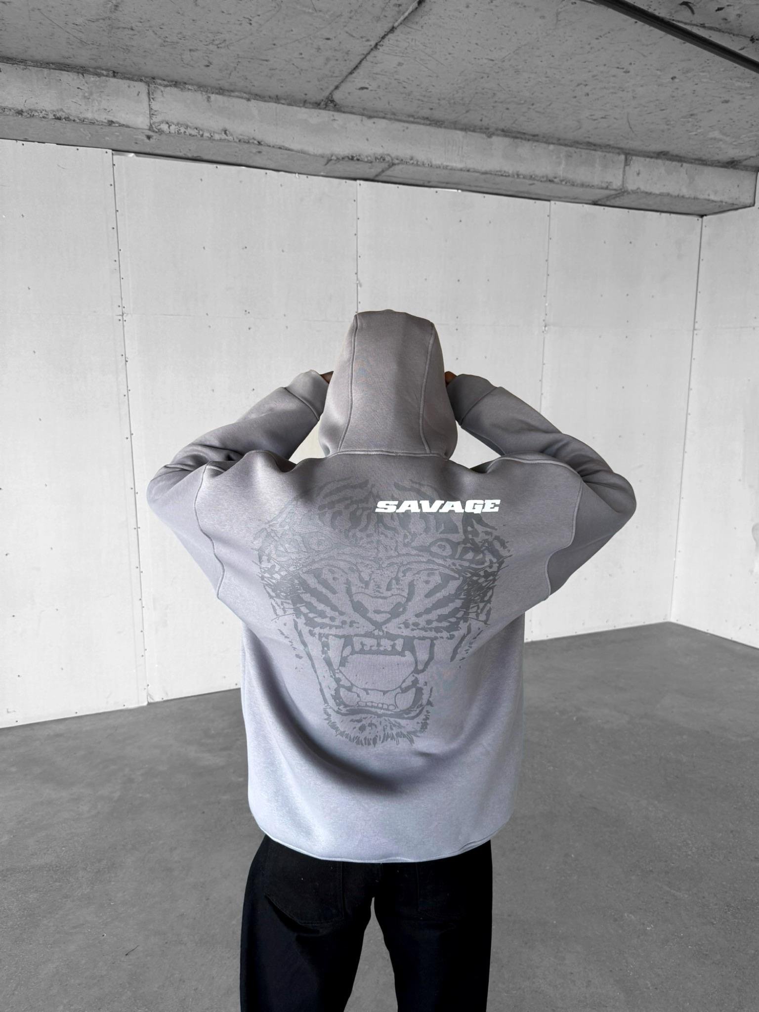 Erkek Oversize Savage Baskılı Premium Kapüşonlu Sweatshirt Gri