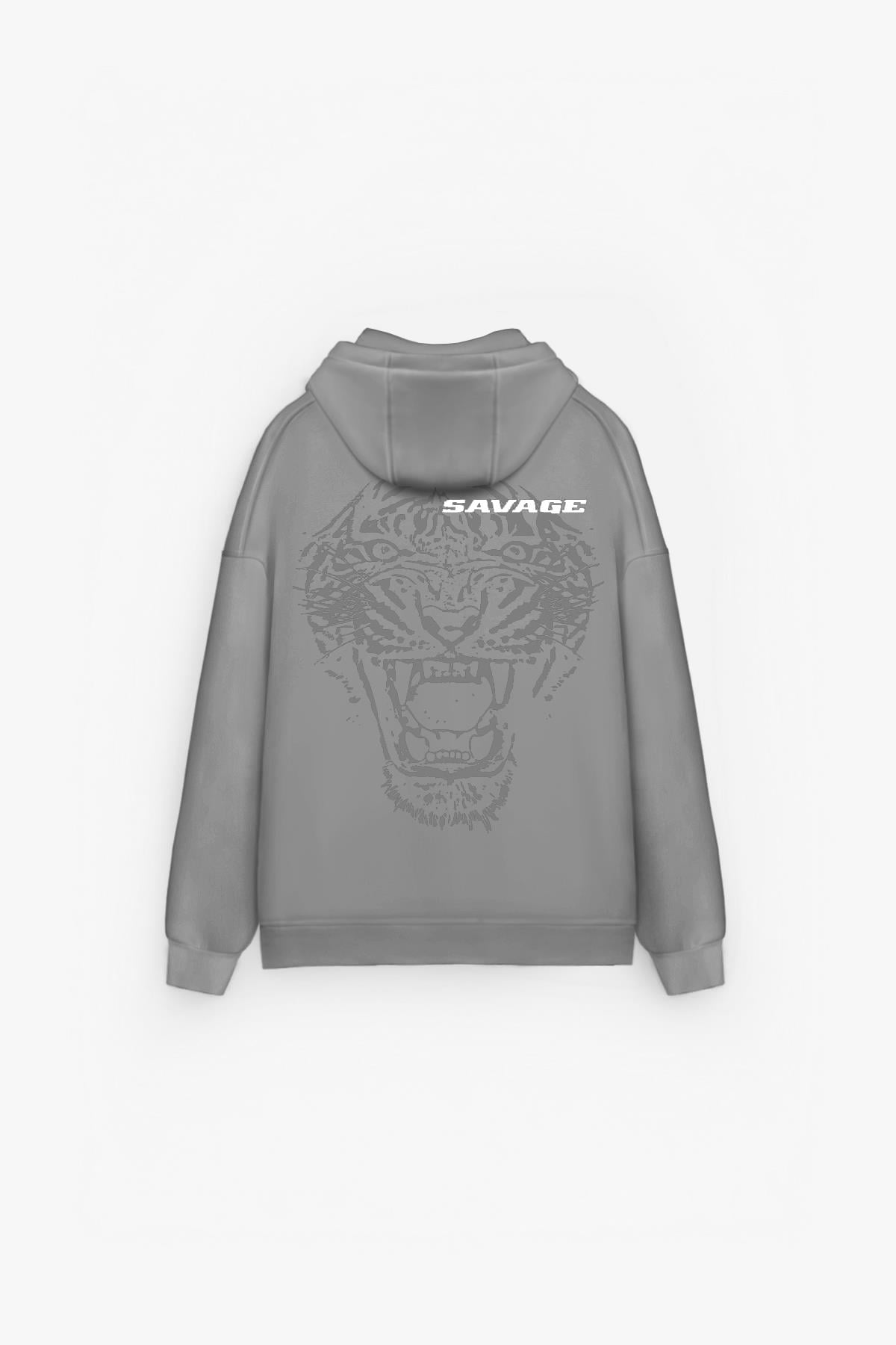 Erkek Oversize Savage Baskılı Premium Kapüşonlu Sweatshirt Gri