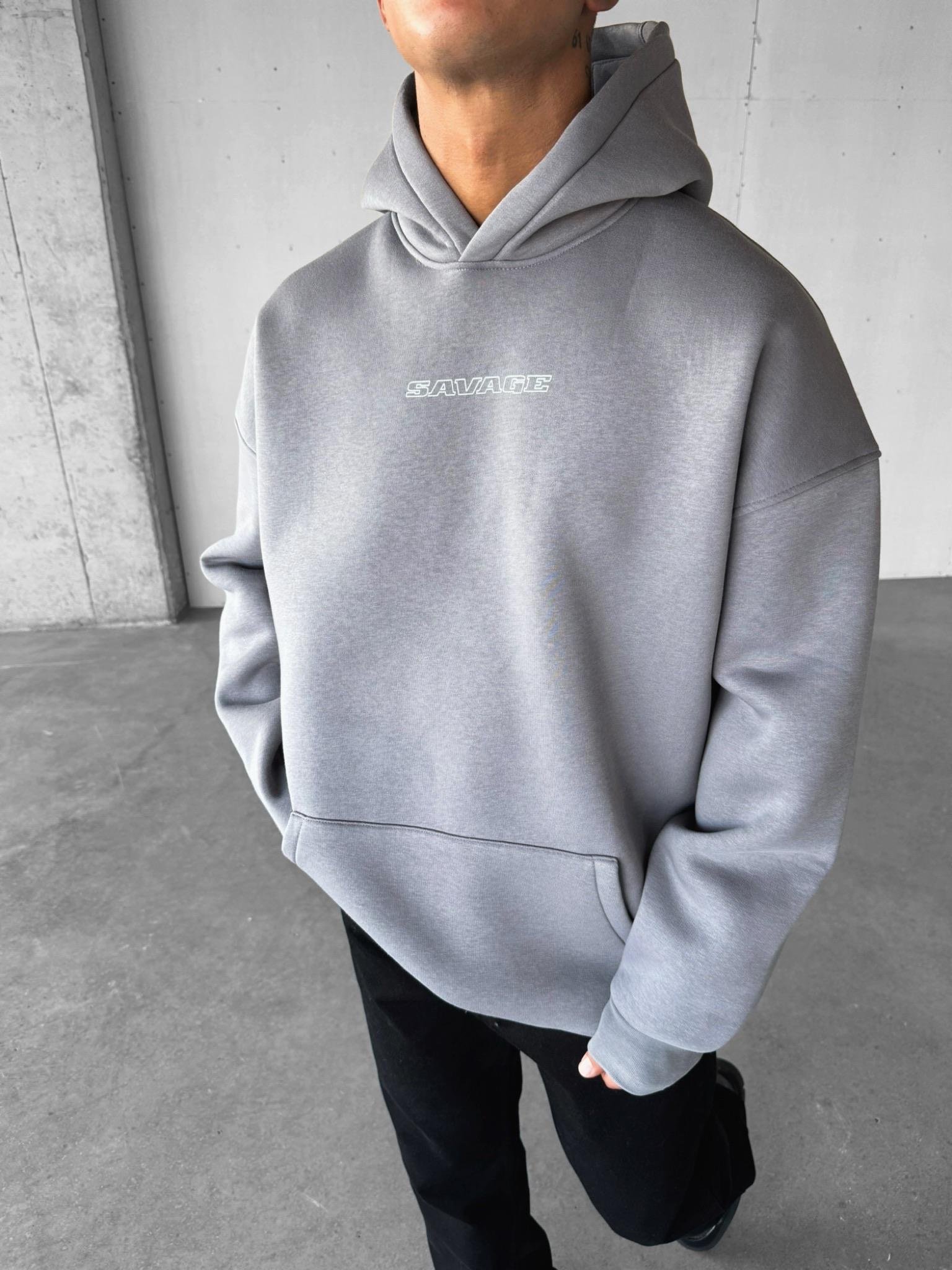 Erkek Oversize Savage Baskılı Premium Kapüşonlu Sweatshirt Gri