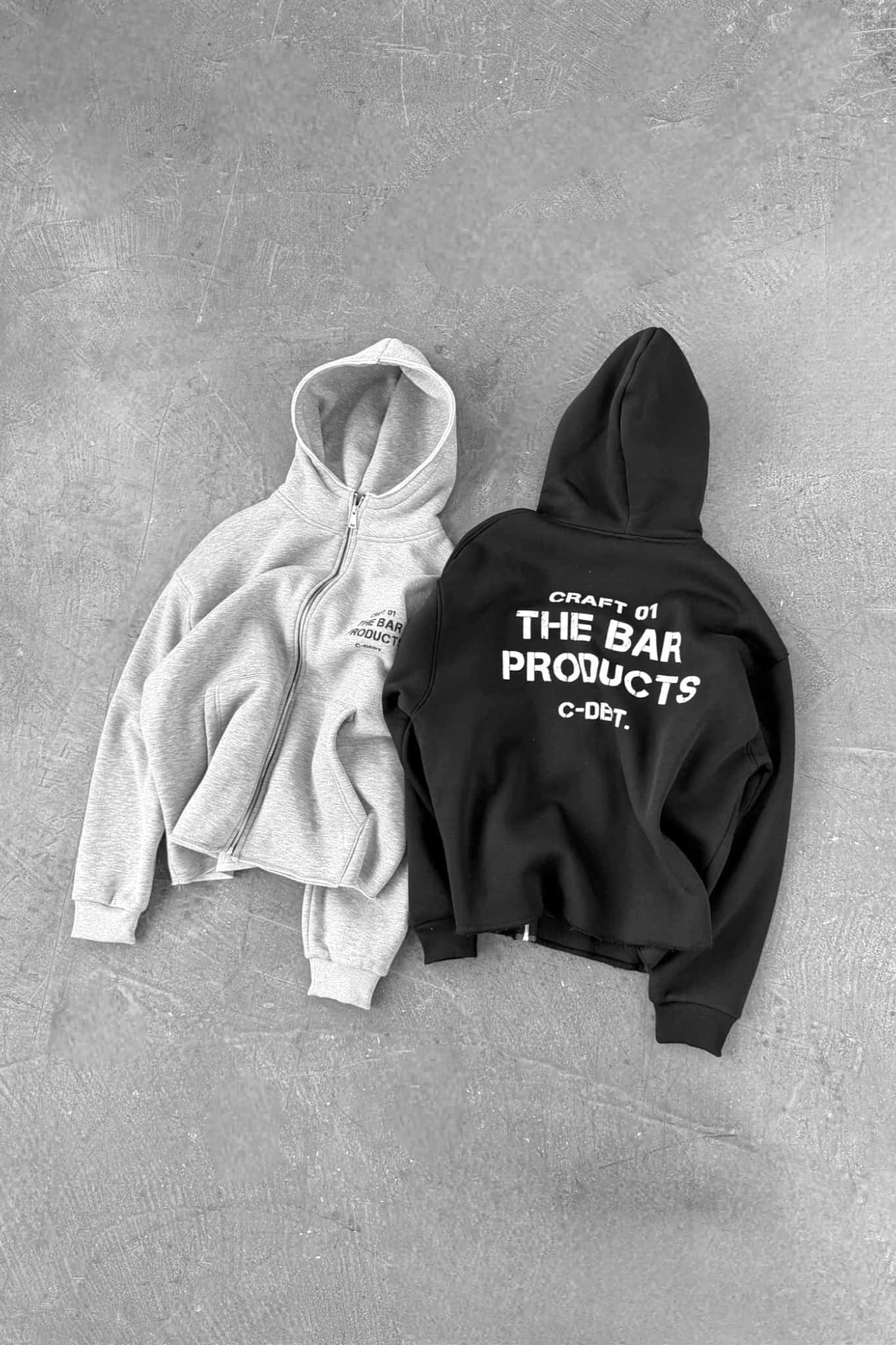 Erkek Oversize Sırt Baskılı Fermuarlı Kapüşonlu Sweatshirt Gri Melanj