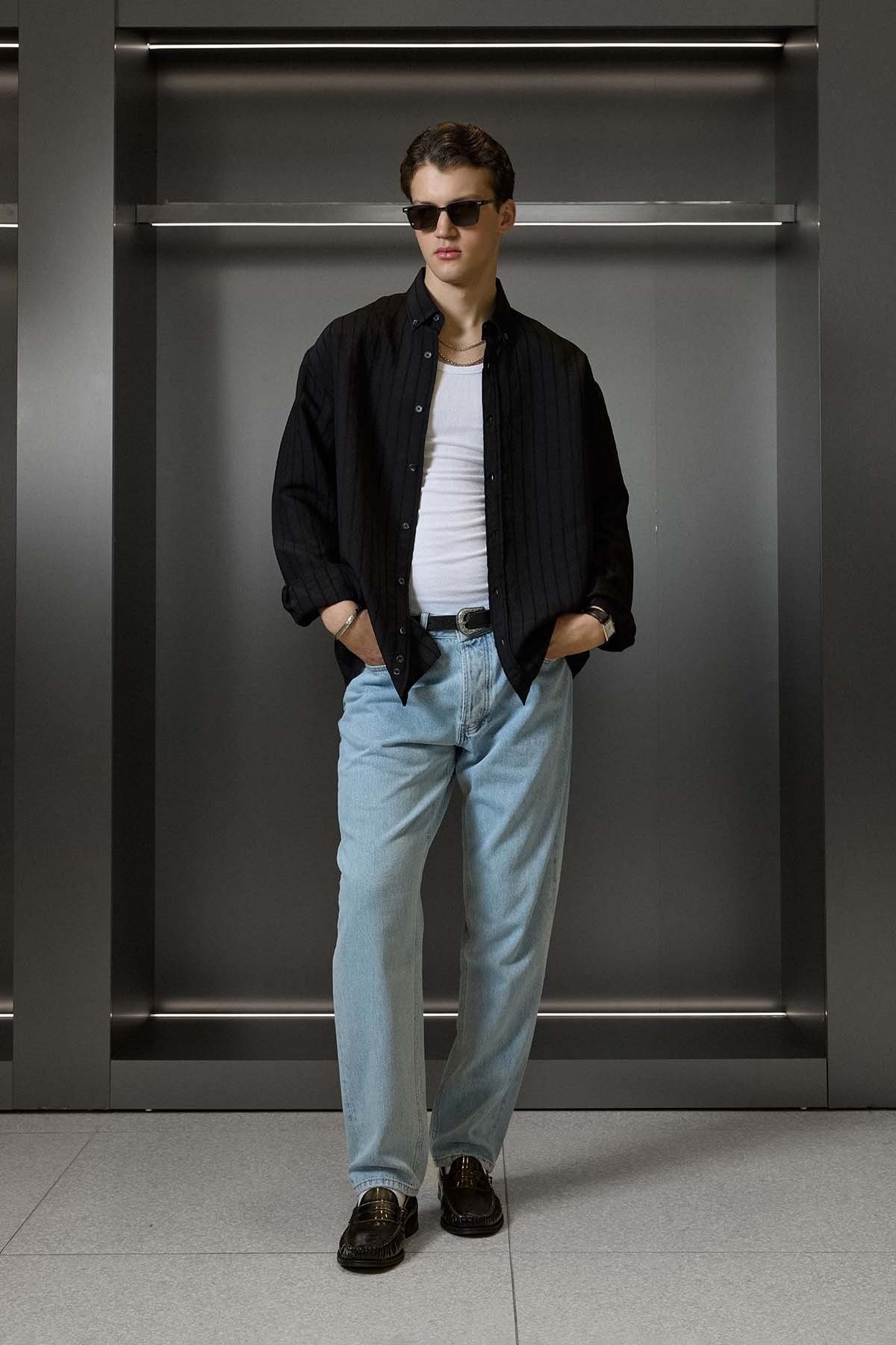 Erkek Oversize Tekstürlü Çizgili Uzun Kollu Gömlek Siyah