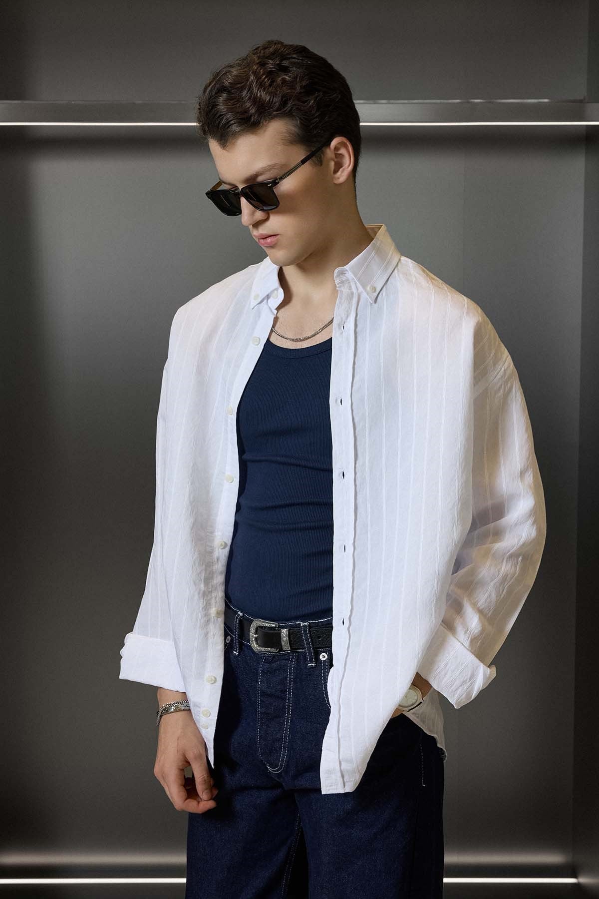 Erkek Oversize Tekstürlü Çizgili Uzun Kollu Gömlek Beyaz