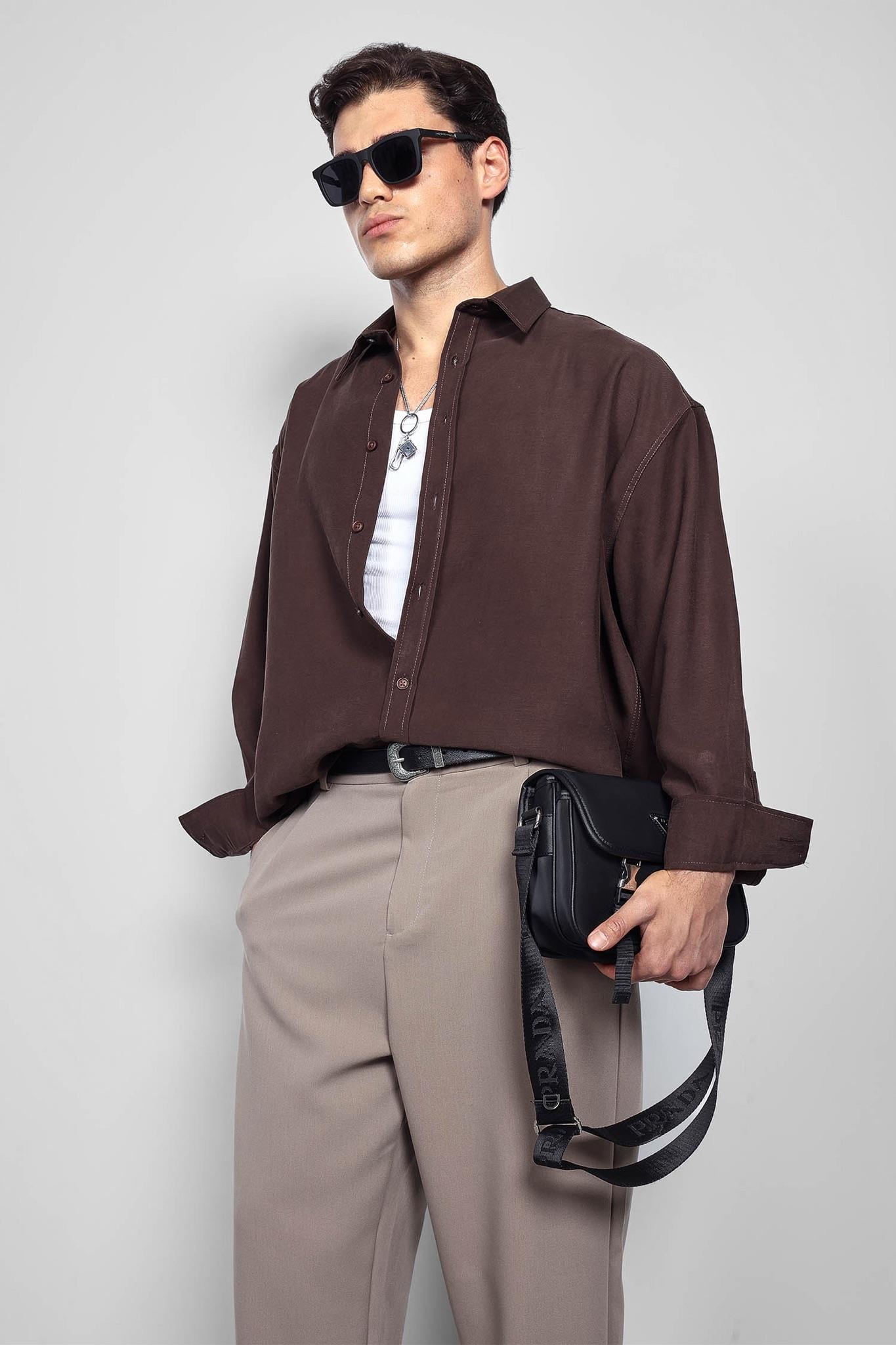 Erkek Oversize Uzun Kollu Basic Gömlek Kahverengi