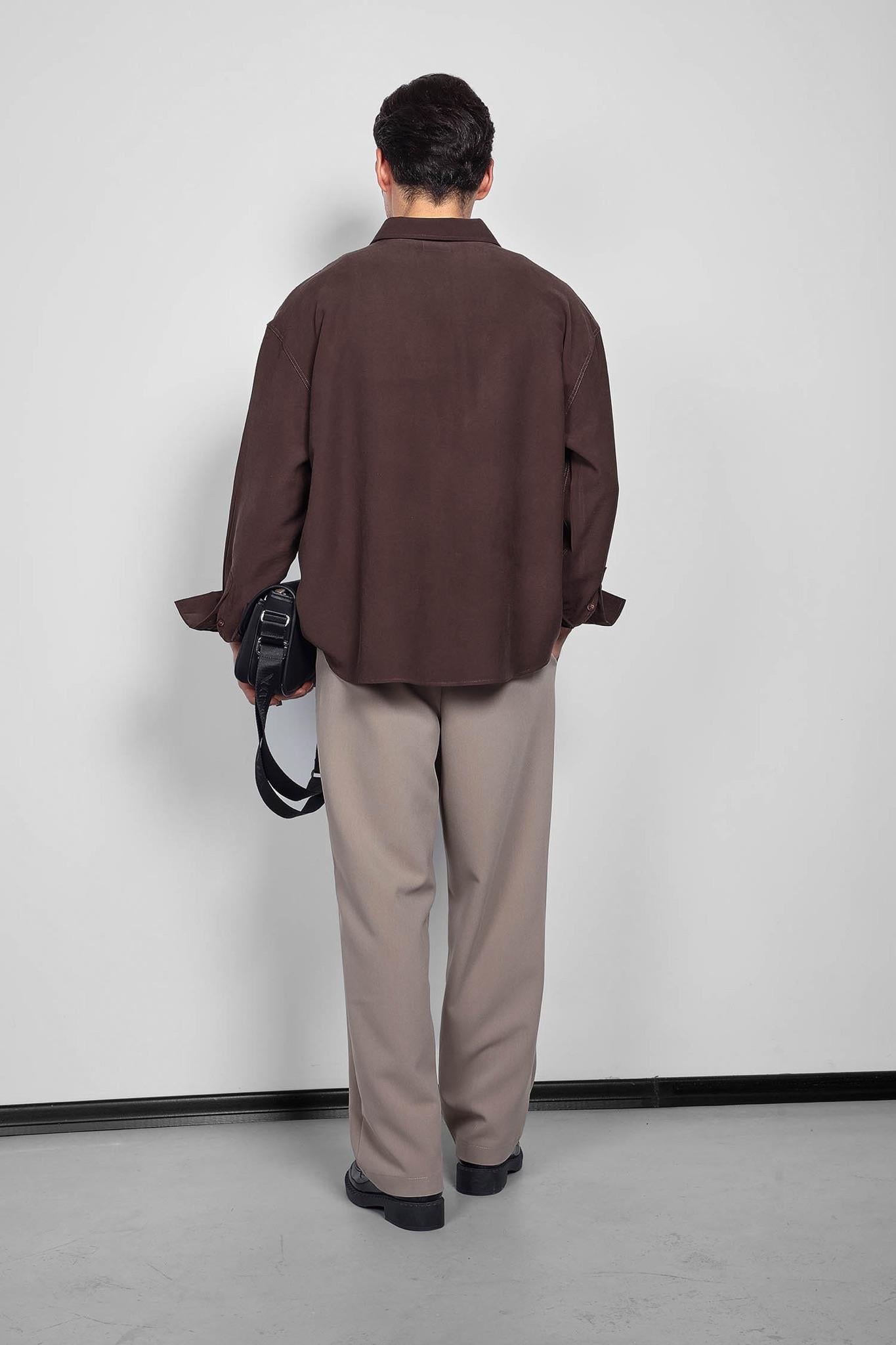 Erkek Oversize Uzun Kollu Basic Gömlek Kahverengi