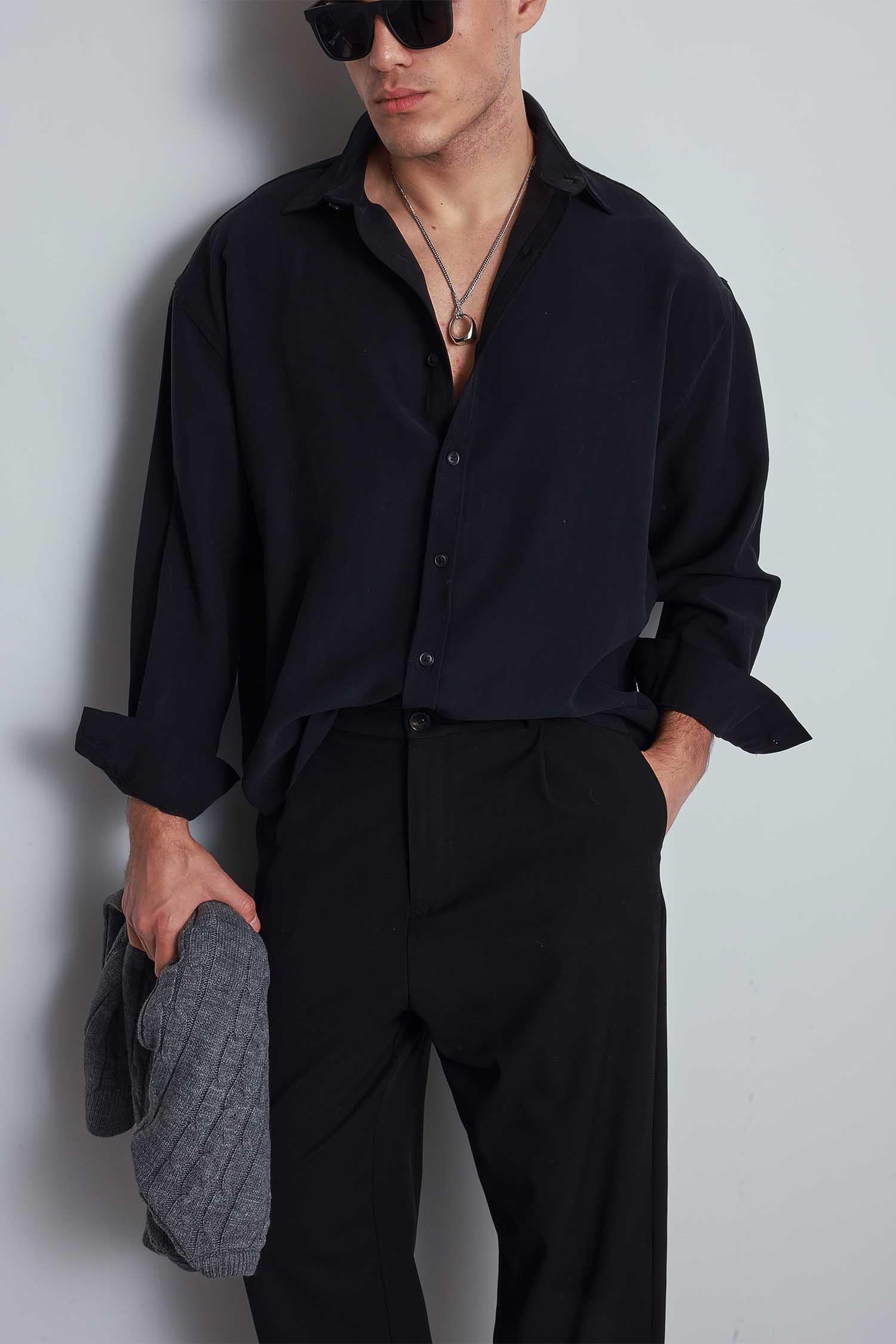 Erkek Oversize Uzun Kollu Basic Gömlek Siyah