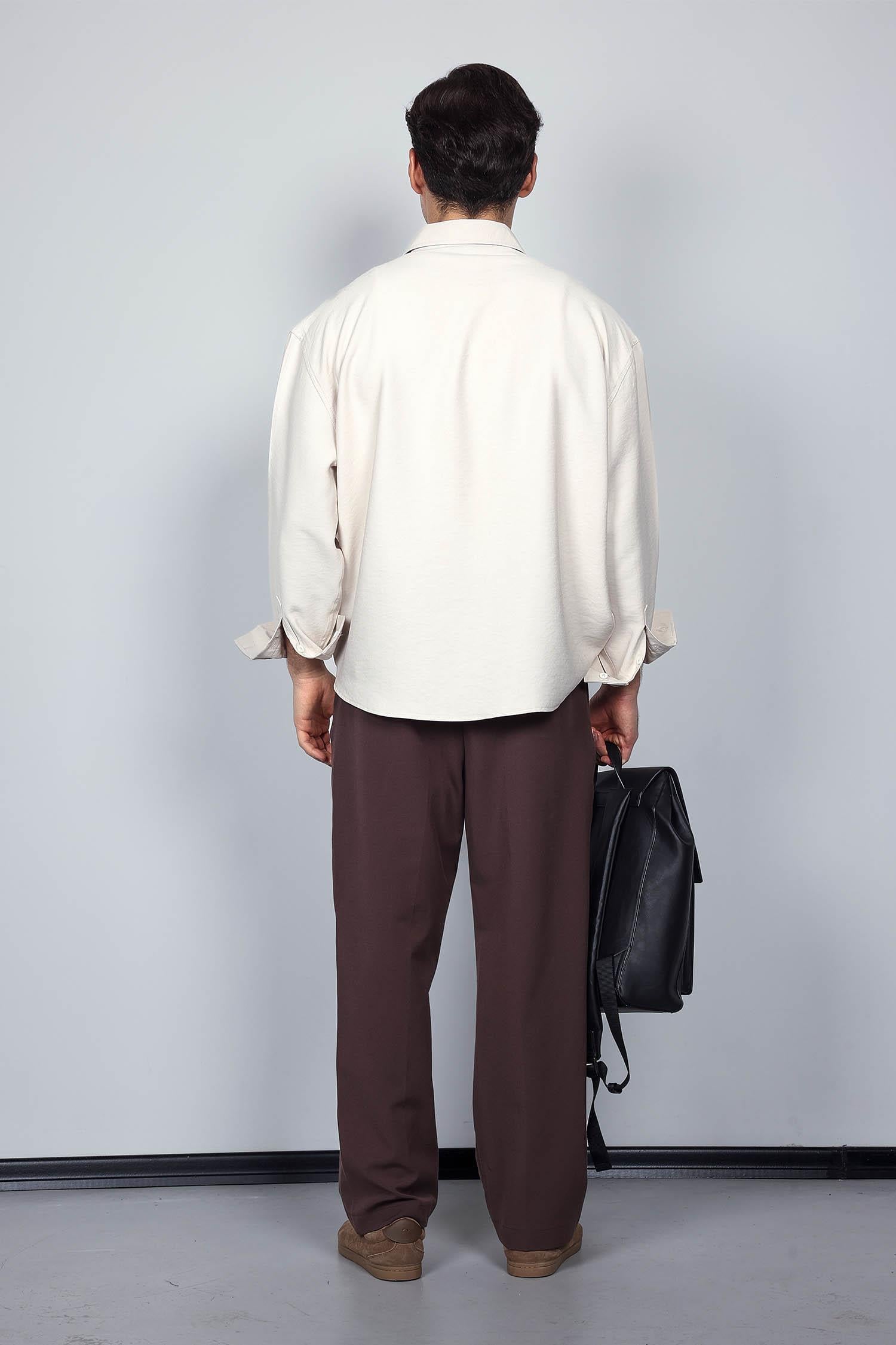 Erkek Oversize Uzun Kollu Basic Gömlek Bej