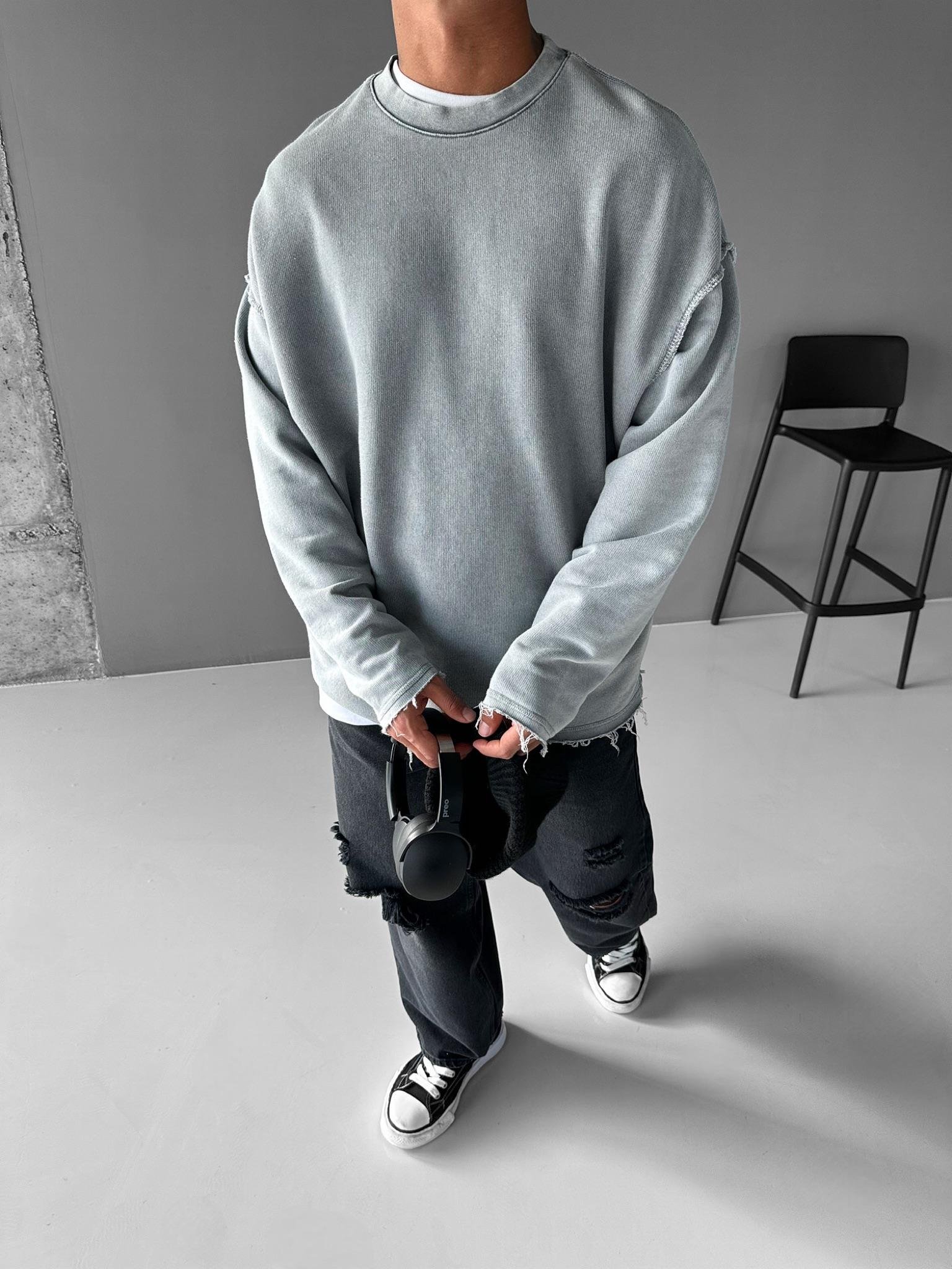 Erkek Oversize Uzun Kollu Yuvarlak Yakalı Sweatshirt Gri