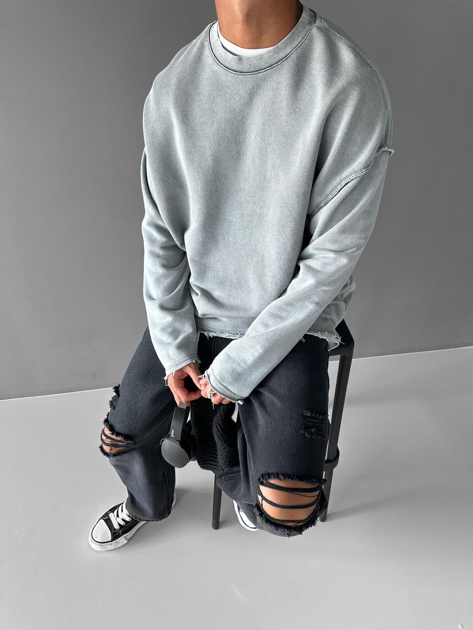Erkek Oversize Uzun Kollu Yuvarlak Yakalı Sweatshirt Gri