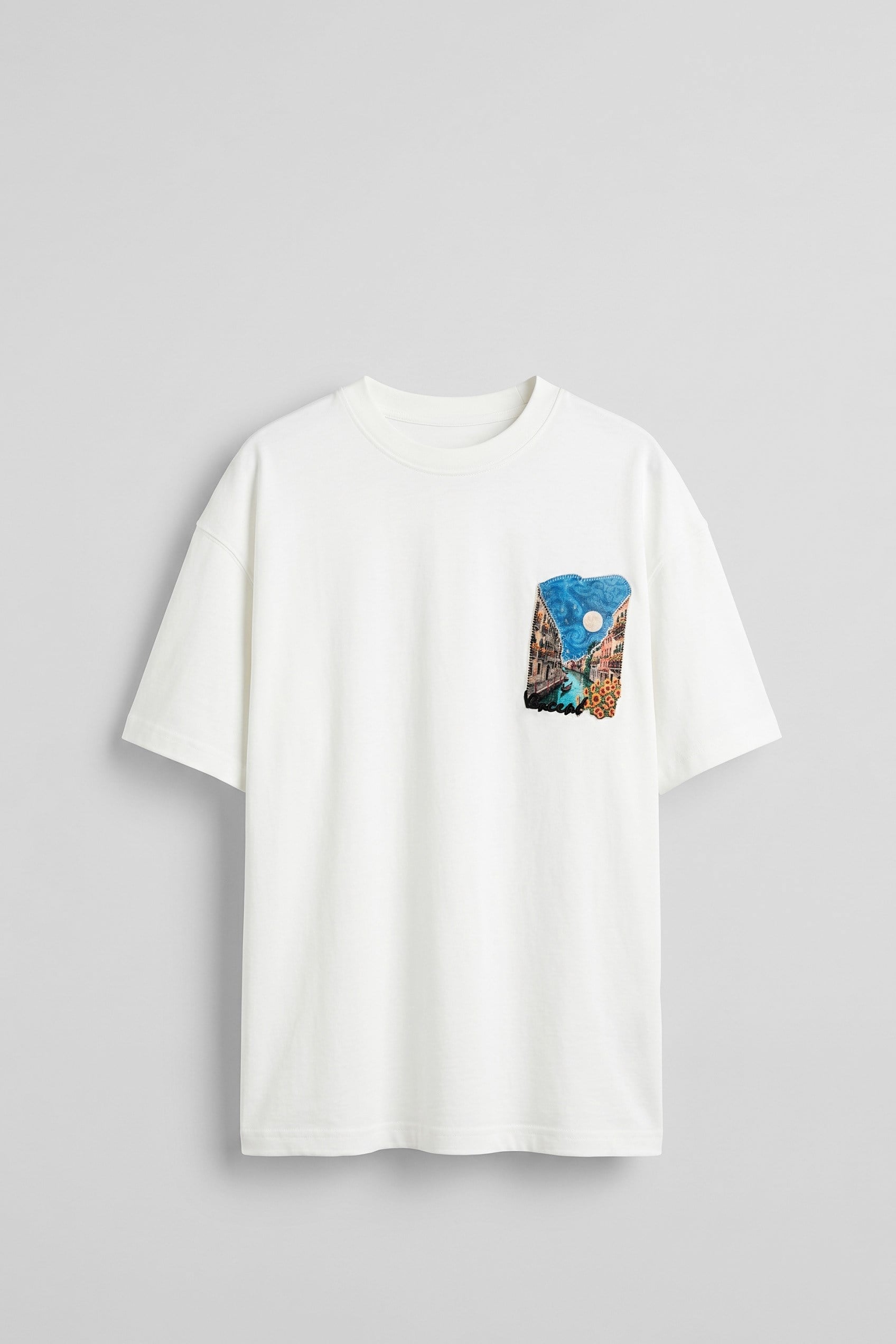 Erkek Oversize Venedik 3D Sırt Baskılı T-Shirt Beyaz