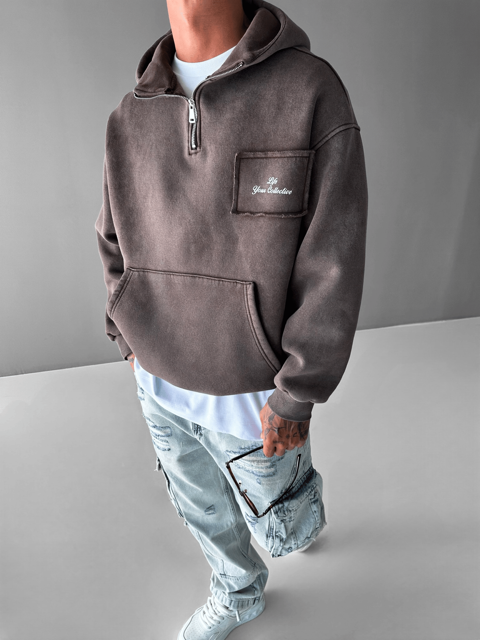Erkek Oversize Yarım Fermuarlı Baskılı Hoodie Kahverengi