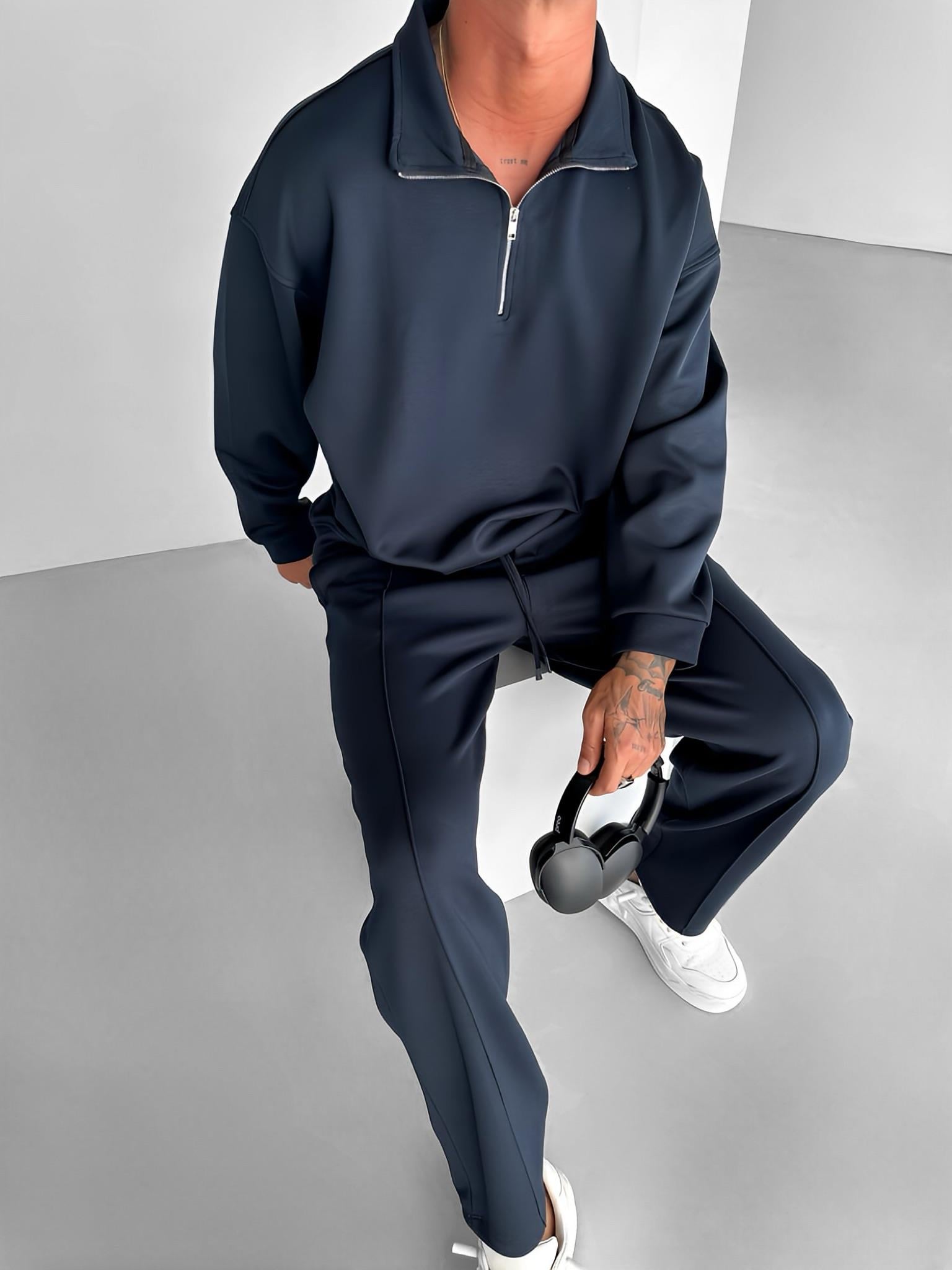Erkek Oversize Yarım Fermuarlı Esnek Sweatshirt Lacivert