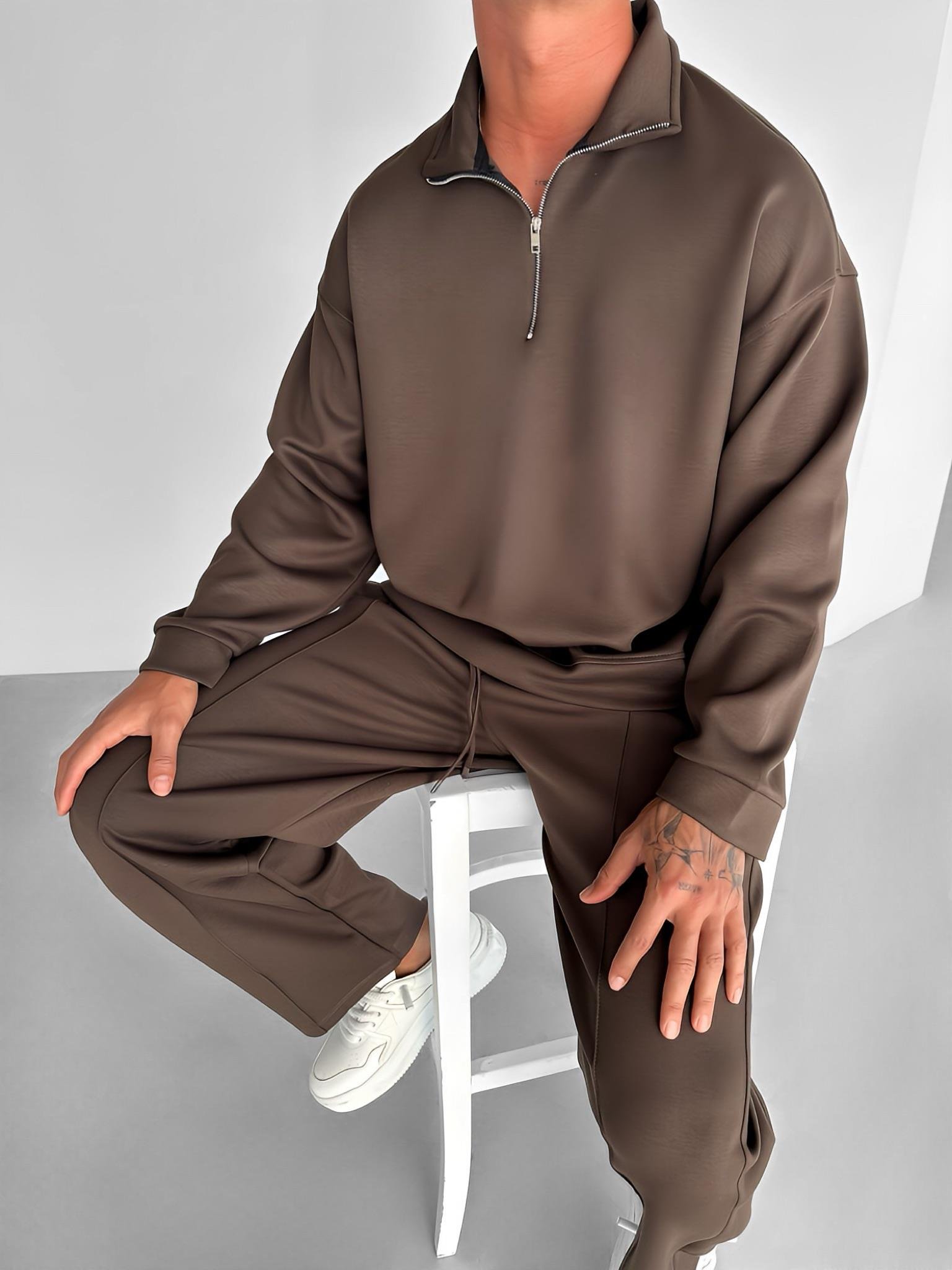 Erkek Oversize Yarım Fermuarlı Esnek Sweatshirt Kahve